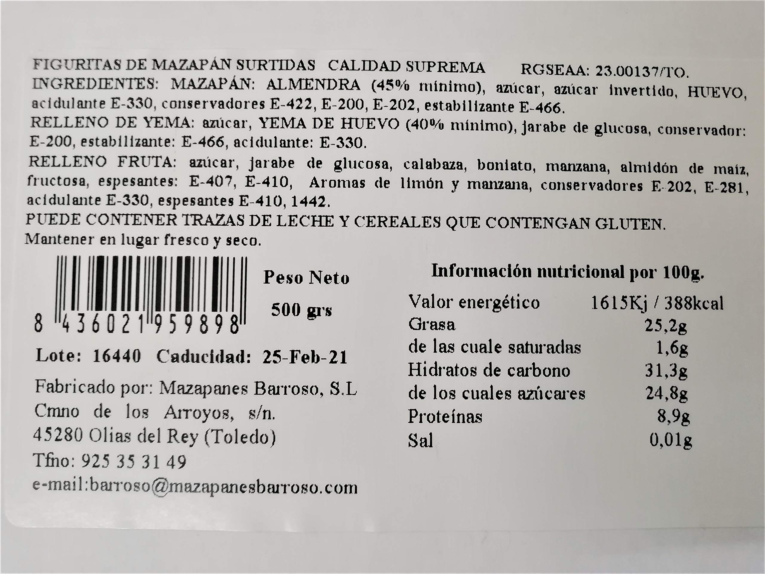 Mazapán Tradicional de Toledo. Calidad Suprema. Mazapanes Barroso. Figuritas de Mazapán sin Relleno y Figuritas con Relleno de Yema y Fruta. Peso neto 500 gramos.