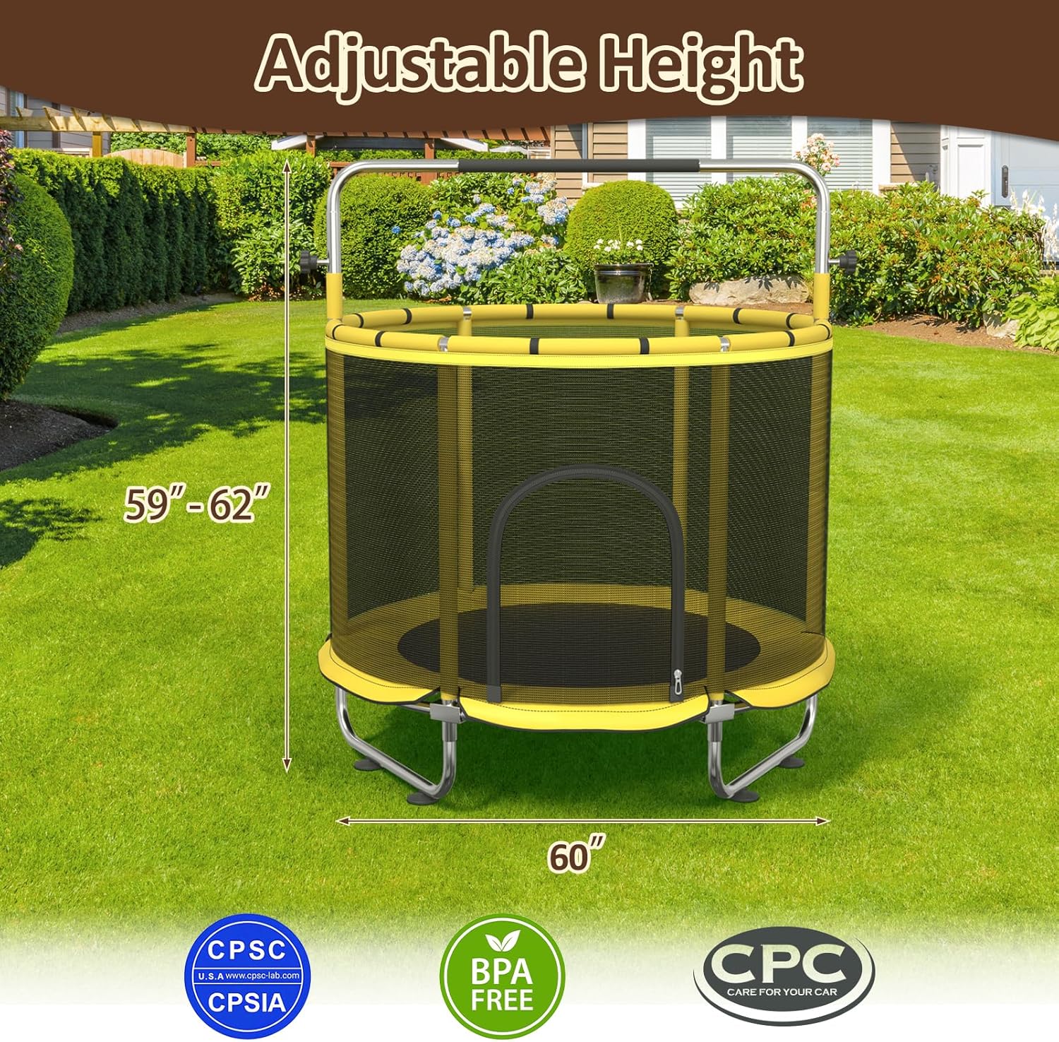 60" Trampoline for Kids, 5FT Mini Indoor and Outdoor Toddler Trampoline with Net, Adjustable Gymnastics Bar & Toys, Birthday Gift for Boy & Girl Age 1-8