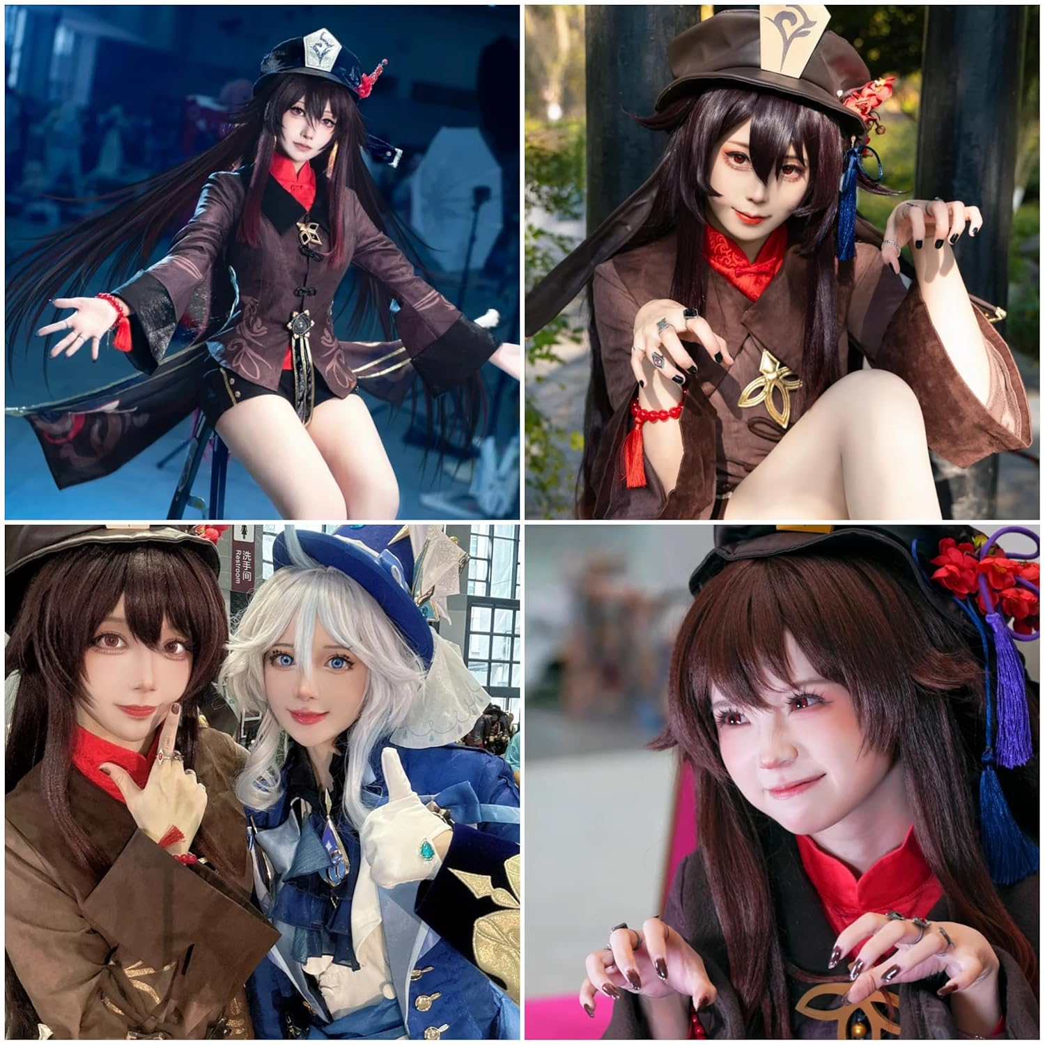 Half and Half Hu Tao Cosplay Costume Wig 43'' Brown Anime HuTao Double Ponytails Pigtail Wigs with Bangs for Women Party Halloween - Image 3