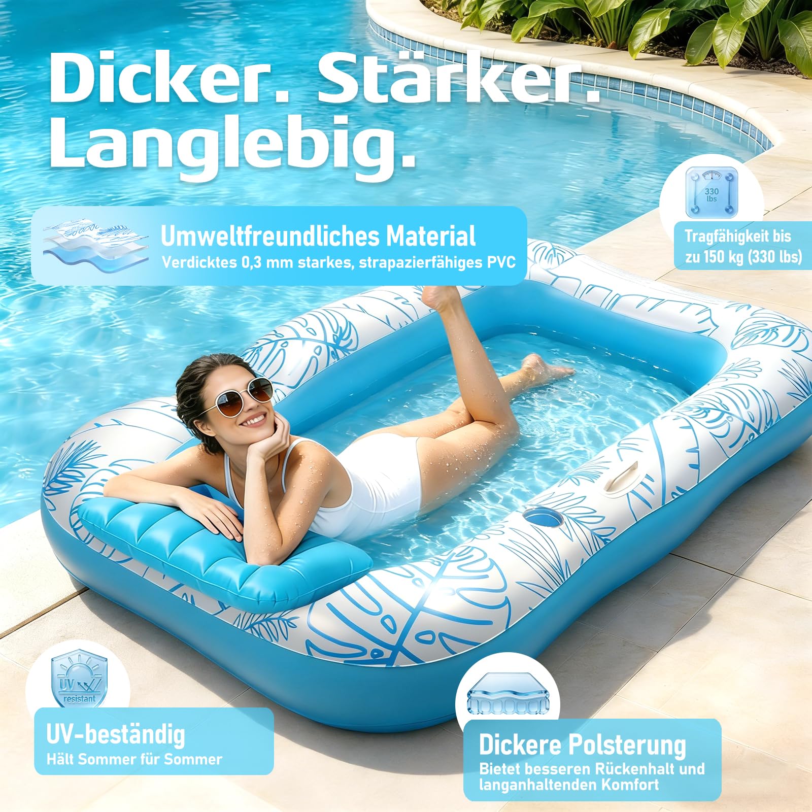 Amteker Aufblasbare Tanning Pool Bed, 70" x 46"/84" x 56"Sonnenpool Lounger Mit Kissen, Getränkehalter & Handyfach, Sonnenliege Luftmatratze Pool Erwachsene Zum Sonnen Für Garten & Strand