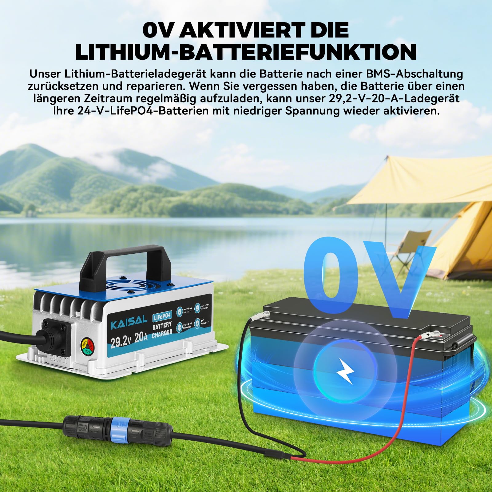 KAISAL 29.2V 20A LiFePO4 Ladegerät, LiFePO4 Batterieladegerät | für 24V/25.6V Lithiumbatterie, 0V Aktiviert, IP67 Wasserdicht, 24V Lithium Batterie Ladegerät für Wohnmobil, Boot, Solar
