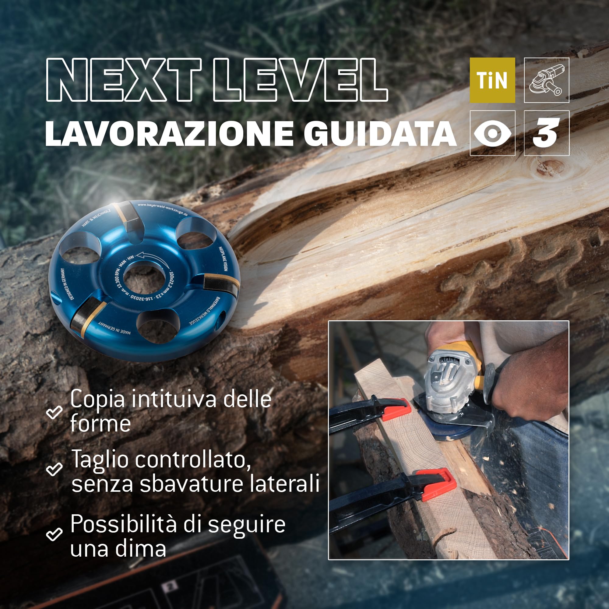 Qualità tedesca Bayerwald Tools NeoPlane – Disco per fresa per legno adatto per smerigliatrice angolare – Carving con visione libera – denti HM rivestiti TiN – lunga durata