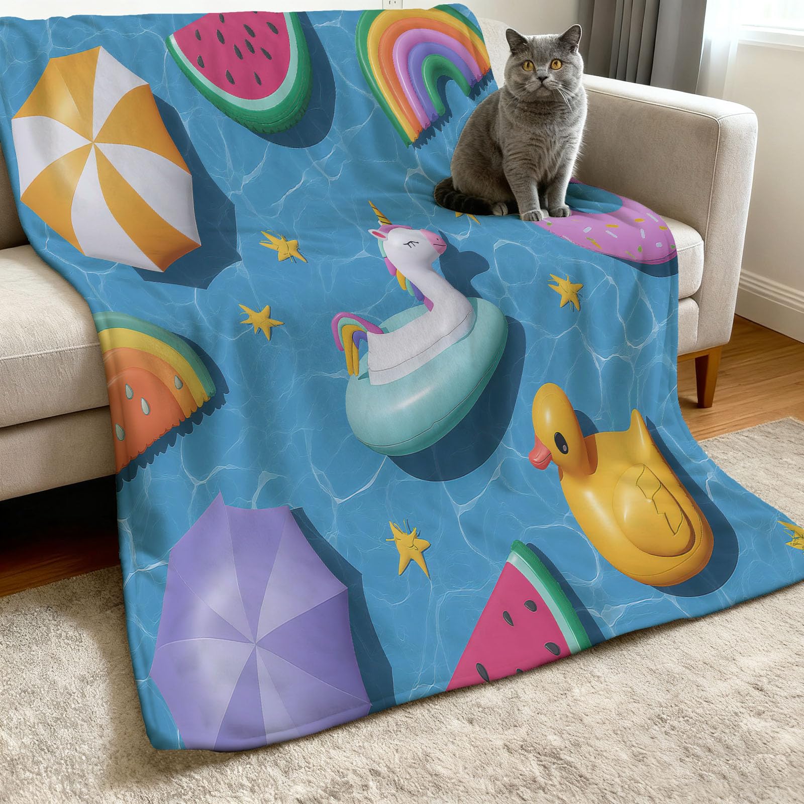 Manta mullida de 180 x 220 cm – azul suave franela reversible para sofá o piscina, con anillo de natación, manta de forro polar extra cálida para camping y oficina