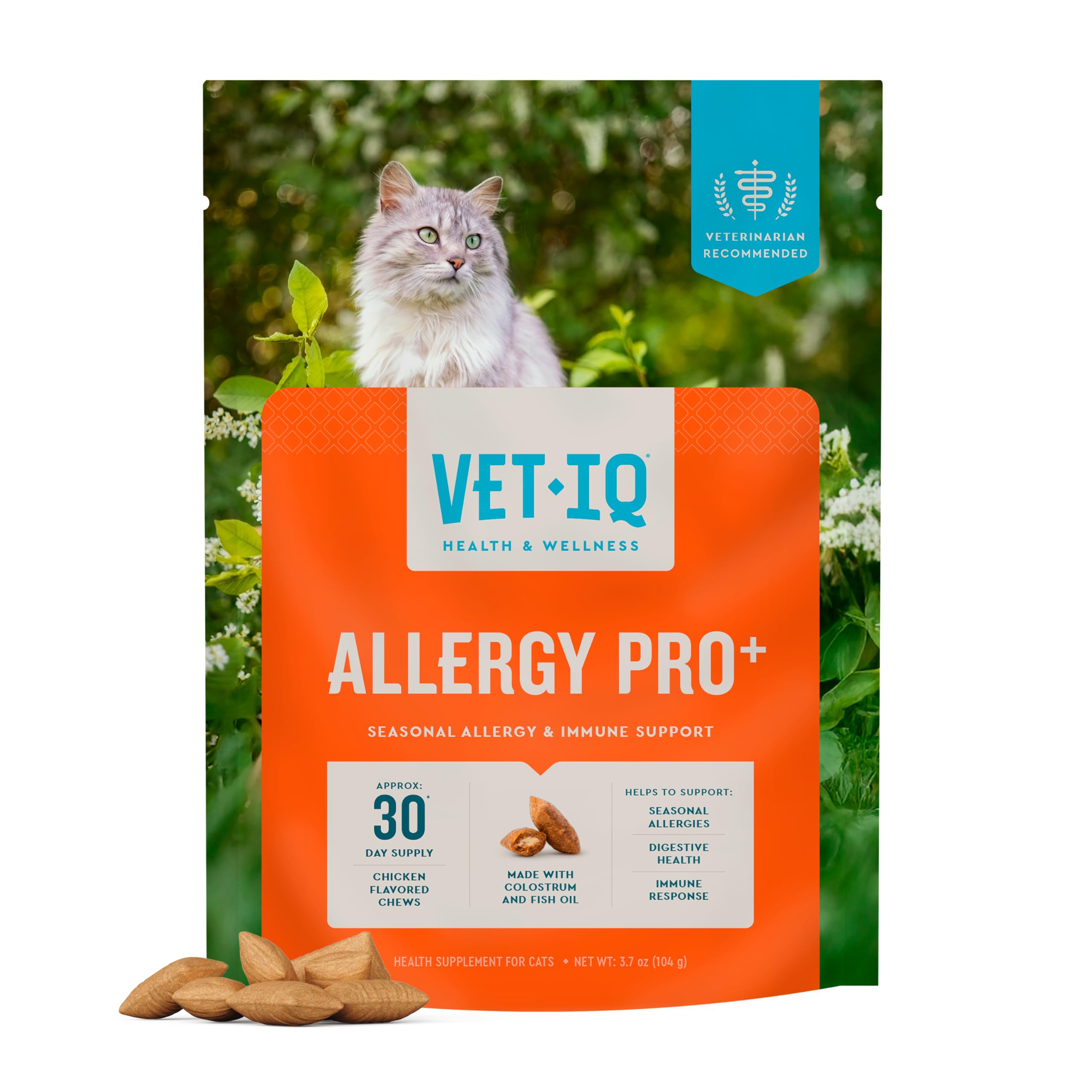 VetIQ Allergy Pro+ Relief for Cats, Cat Allergy Supplement & Vitamins with Probiotics, Fish Oil, Tart Cherry, Skin & Coat Support, Sneezing & Itching