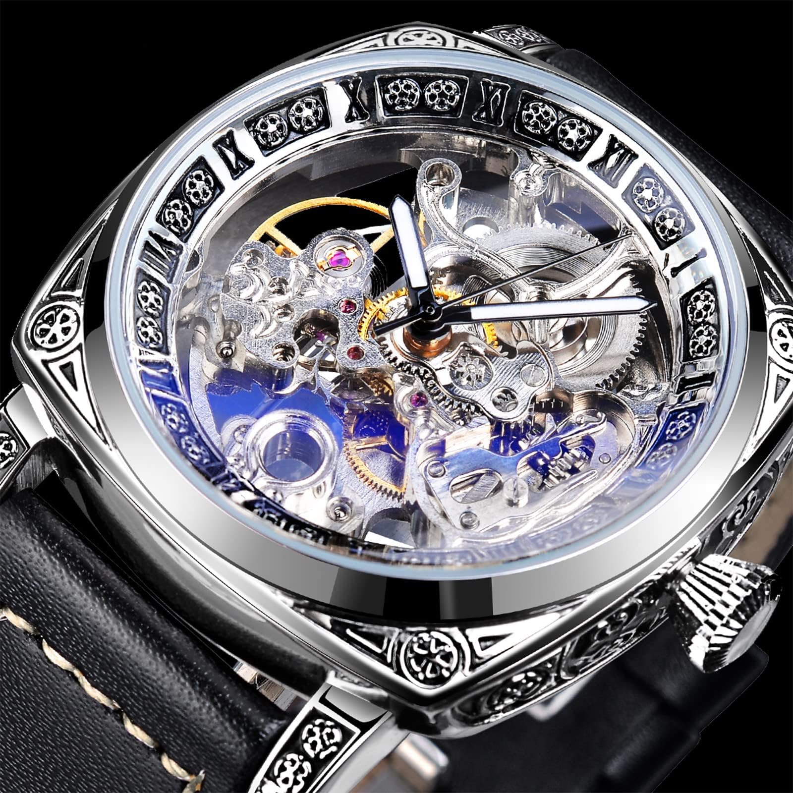 Reloj mecánico retro cuadrado de lujo para hombre, magnífico esqueleto hueco tallado automático relojes vintage correa de cuero reloj de pulsera plateado Dail correa negra, plateado, 2