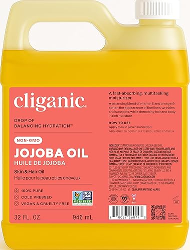 Cliganic Aceite de jojoba sin OMG a granel de 32 onzas, 100% puro, aceite natural sin refinar sin hexano prensado en frío para cabello y cara