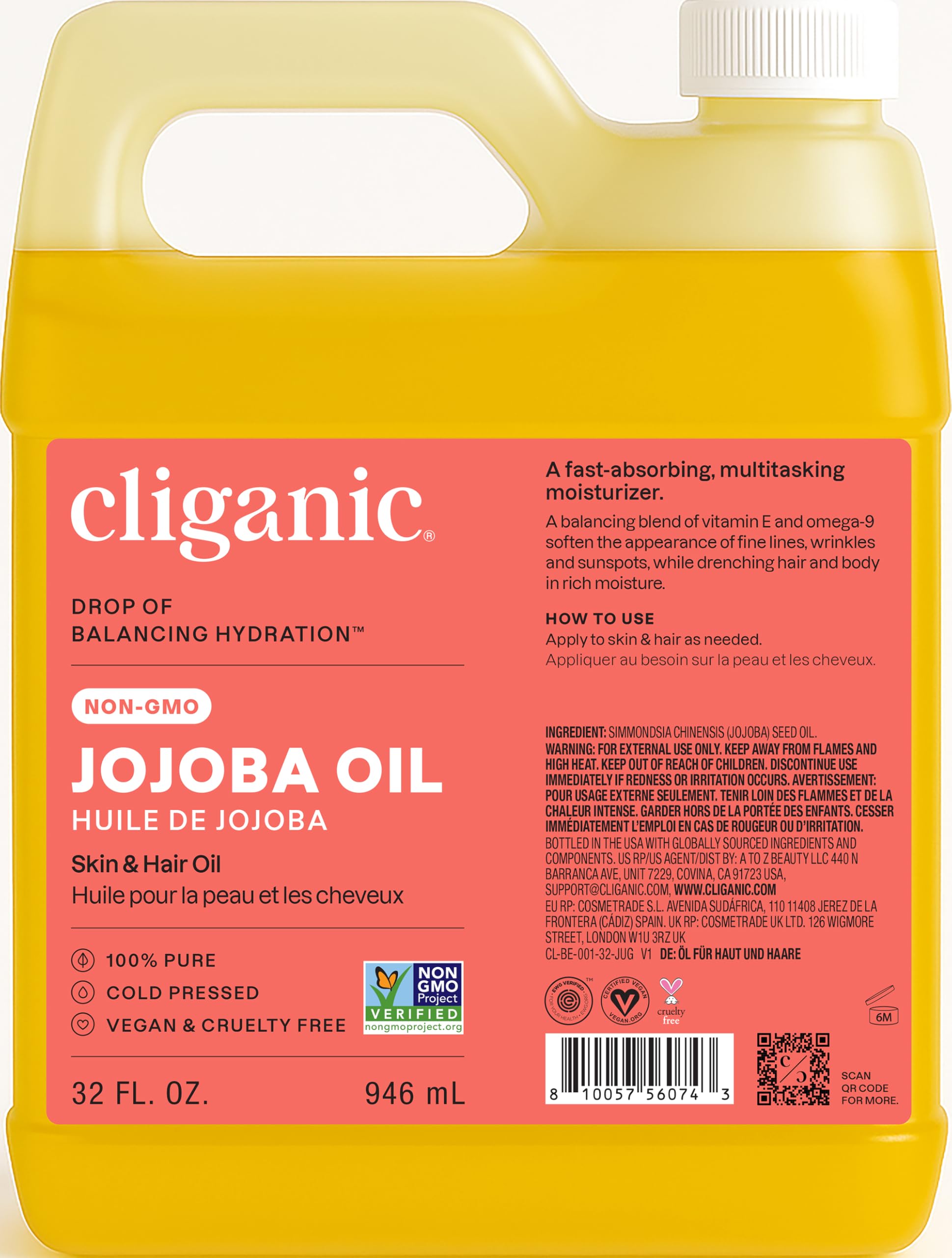 Non-GMO Jojoba Oil Bulk 32oz, 100% Pure - Natural Cold Pressed Unrefined Hexane Free Oil for Hair & Face