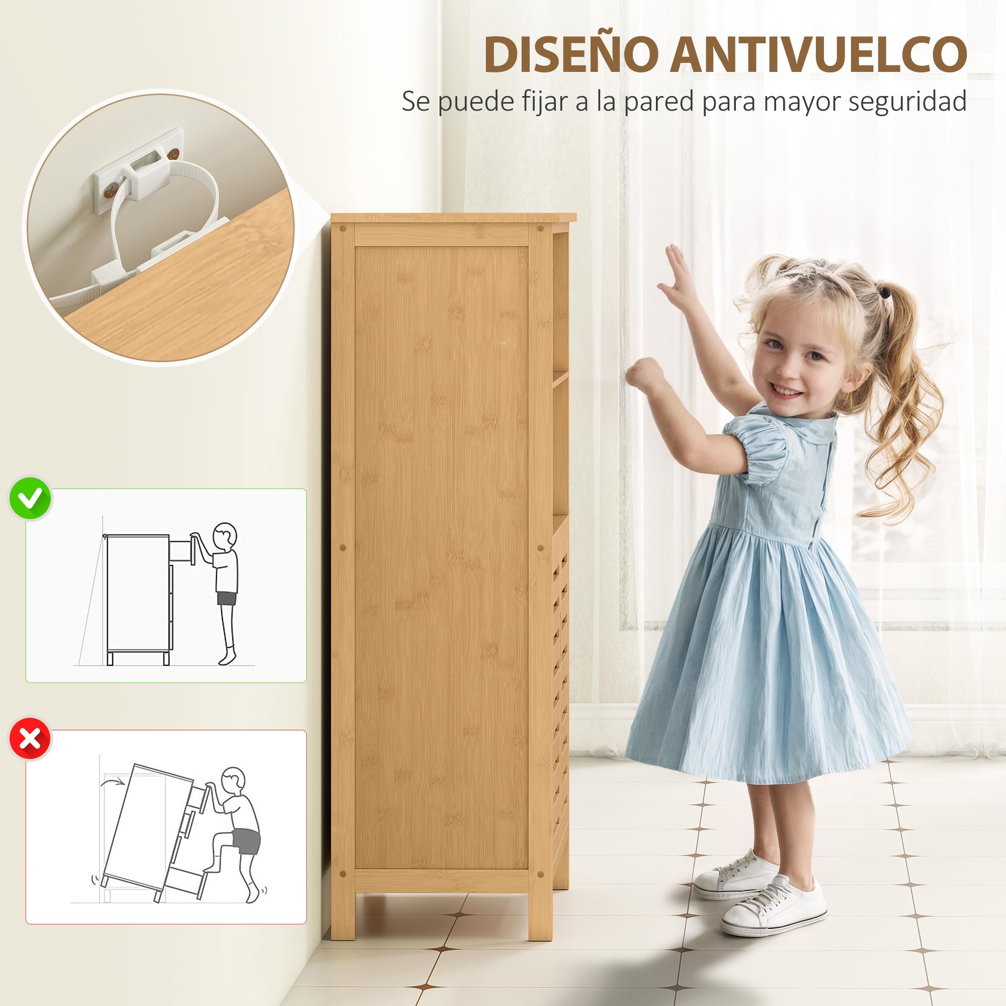 kleankin Mueble de Baño de Bambú Armario de Baño 50x29x92 cm Natural | 2 Puertas, 2 Estantes Abiertos, Patas Elevadas, Antivuelco