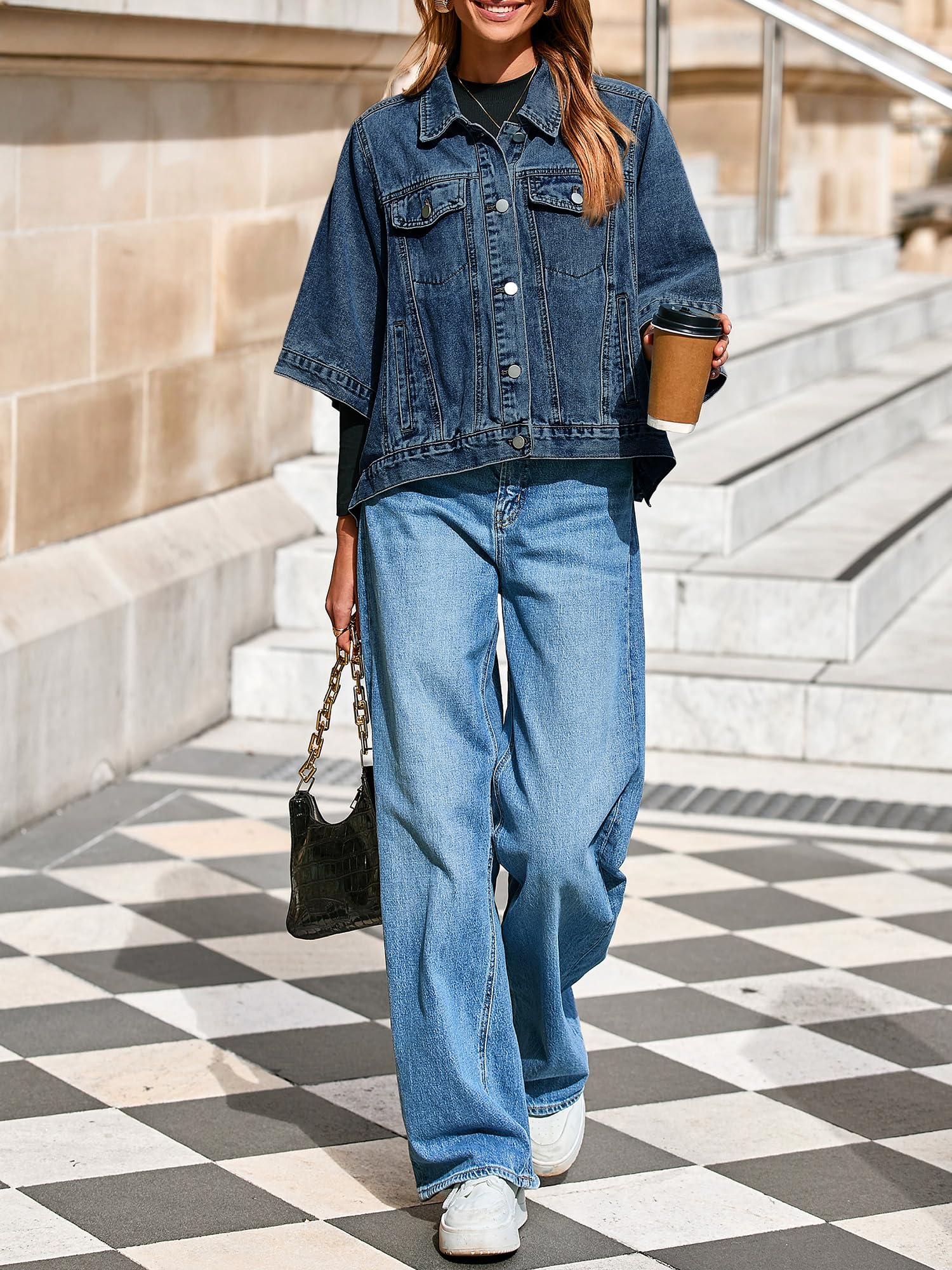 Tankaneo Veste en jean surdimensionnée à manches courtes en coton pour femme, cape tendance pour l'automne avec poches