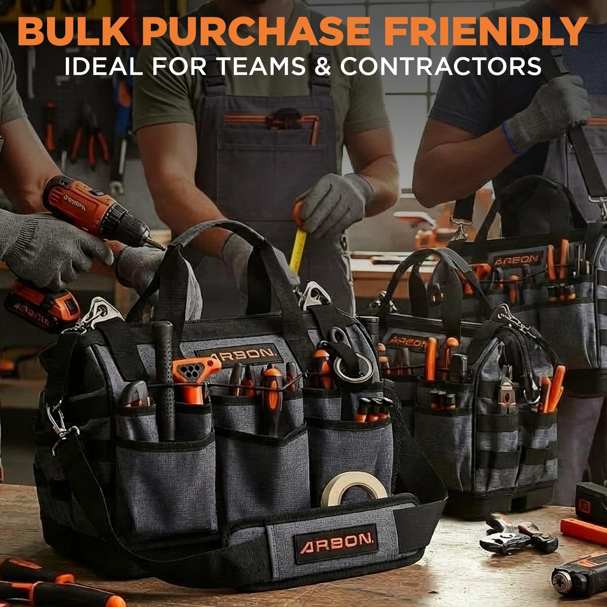 ARBON Bolsa de herramientas resistente con base moldeada: bolsa de herramientas superior de boca abierta bolsas de mano organizador para hombres y mujeres artesano eléctrico Hvac Carpenter y Mechanic