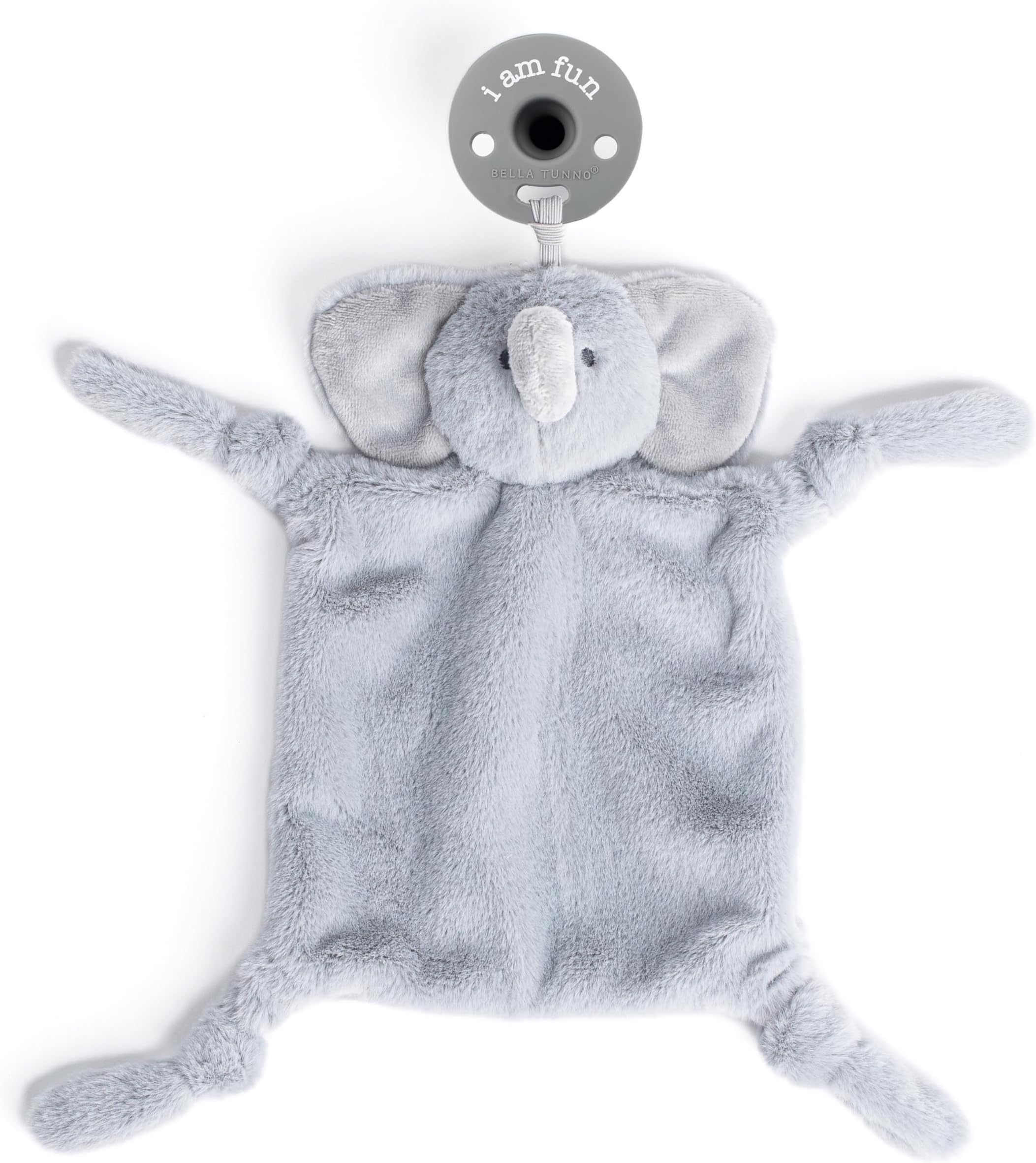 Pacifier Holder with Detachable Pacifier by Bella Tunno, Soft Animal Lovey Snuggle Toy Attaches to Teethers, Baby Gift for Newborn Boys and Girls, Babies 0+ Months, Elephant