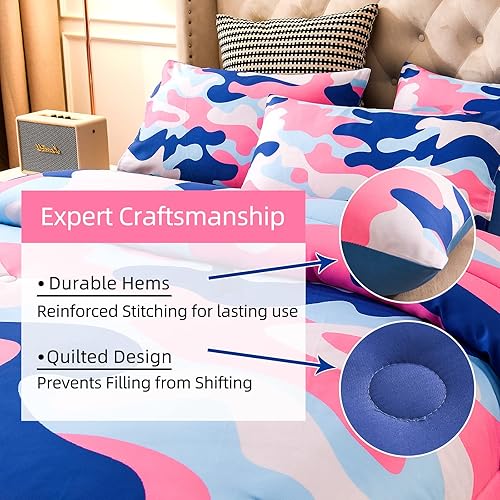 Miniatura 4 de Meeting Story Juego de ropa de cama de camuflaje, juego de edredón de camuflaje tamaño Queen con patrón colorido, 3 piezas, 1 edredón y 2 fundas de