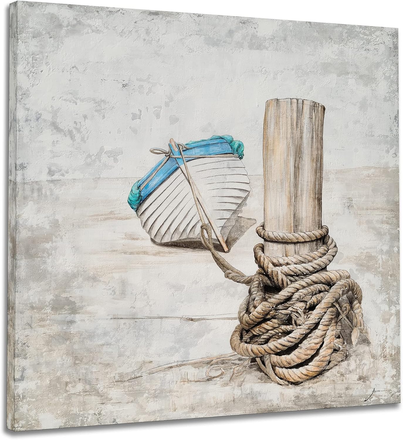 YHSKY ARTS Nautical Canvas Wall Art with Hand Painted Textured, Modern Vintage Boat Paintings - Contemporary Rustic Coastal Pictures Artwork for Farmhouse Living Room Bedroom Bathroom Decor Rustic Boat 40x40IN