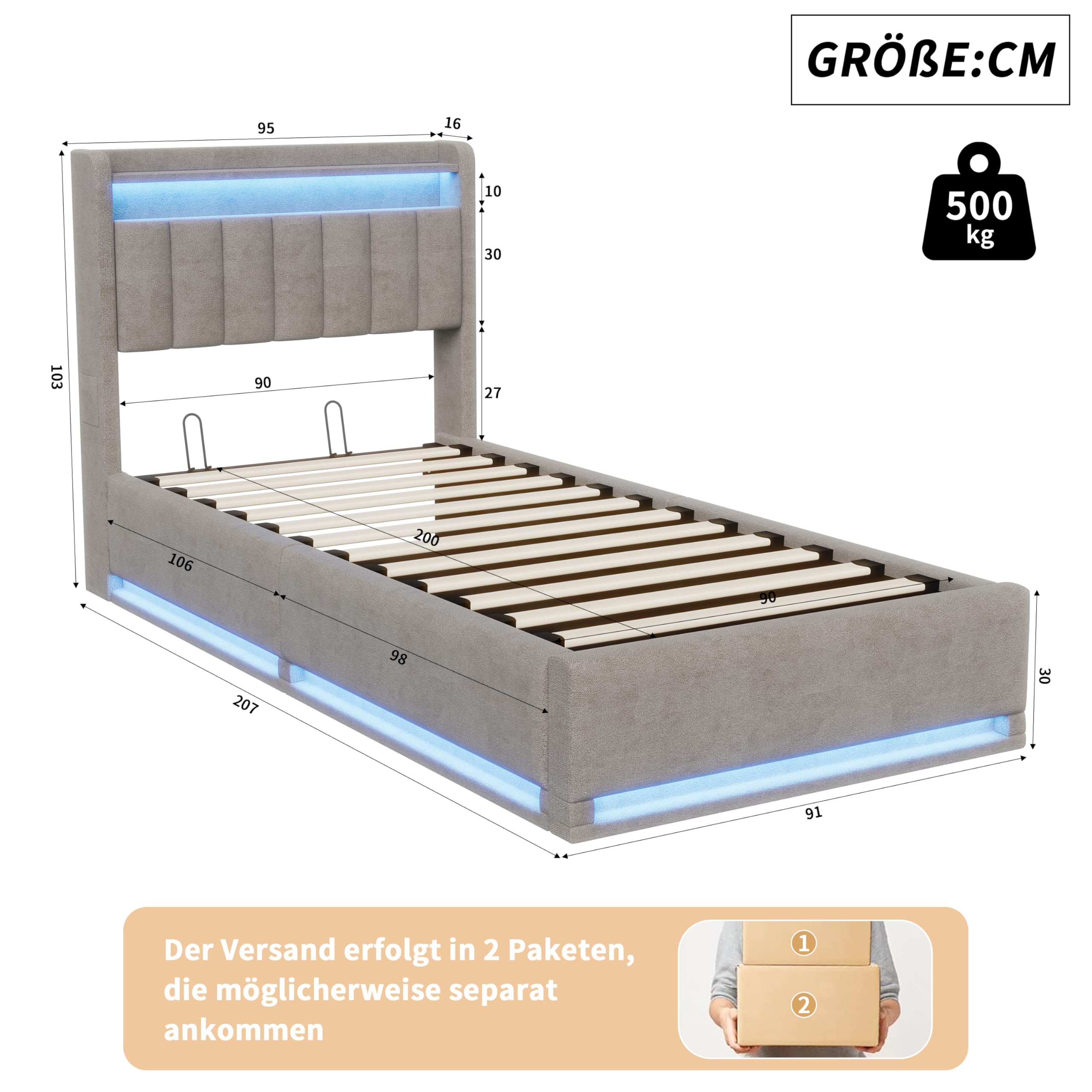 Łóżko 90 x 200 cm, ze schowkiem, hydrauliczne łóżko tapicerowane ze skrzynią na pościel i stelażem, zagłówek LED ze schowkiem i stacją ładującą USB, aksamitne, bez materaca (szare, 90 x 200 cm)