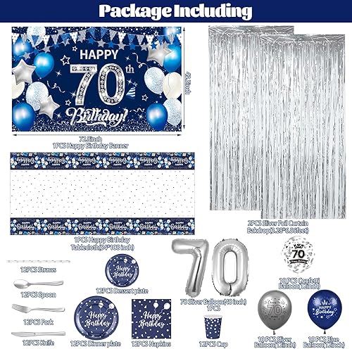 Vista 16 de Decoraciones azules de fiesta de cumpleaños 60 para hombres y mujeres, azul marino, plateado, pancarta de feliz cumpleaños 60, globos, servilletas