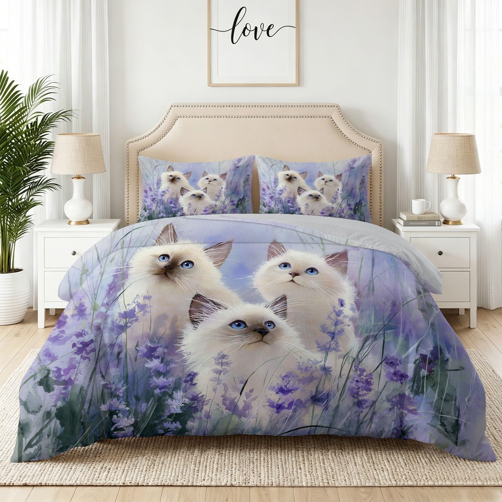 Dreamy - Juego de funda de edredón y funda de almohada tamaño Super King, diseño de gato pastoral lavanda, ropa de cama de microfibra suave, 260 x 220 cm, reversible, hipoalergénica, para niños y