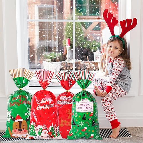 Miniatura 7 de Jexila 200 bolsas de celofán de Navidad, bolsas de plástico para dulces con 200 lazos giratorios, bolsas de botín de Navidad para Navidad, fiestas,