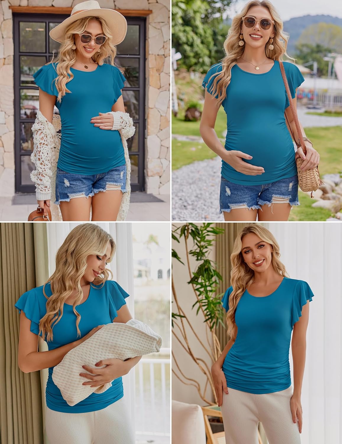 Ekouaer Women's Maternity Shirts 3 Packs Flying Short Sleeve Pregnancy Tops Side Ruched Tunic Blouse Mama Clothes S-XXL - Image 4