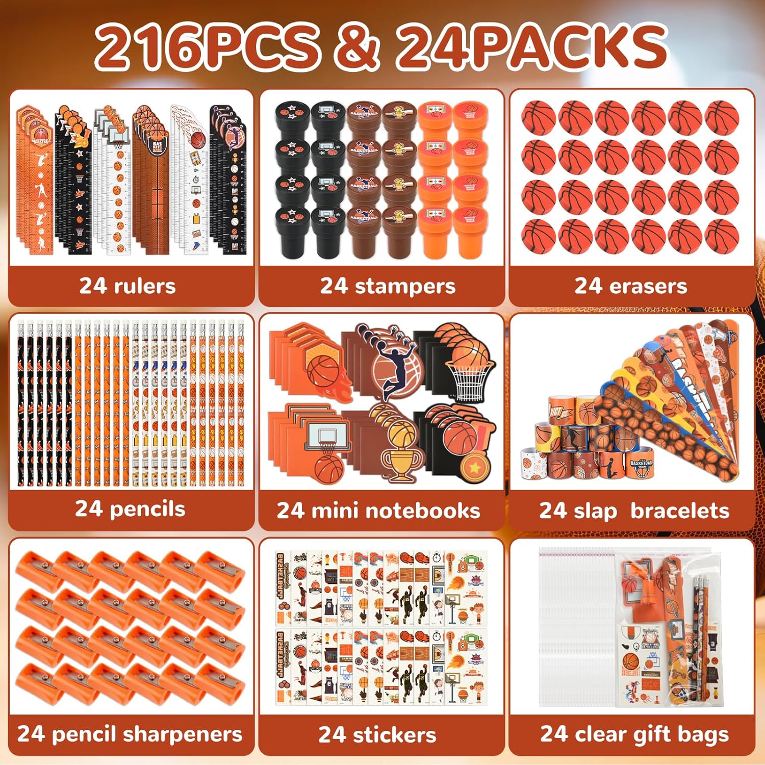 216Pcs Basketball Stationery basketball Theme Gifts Birthday Supplies Team Gift Goodie Bags Stuffer Pencils Classroom games Rewards School Office Supplies( basketball) - Image 2
