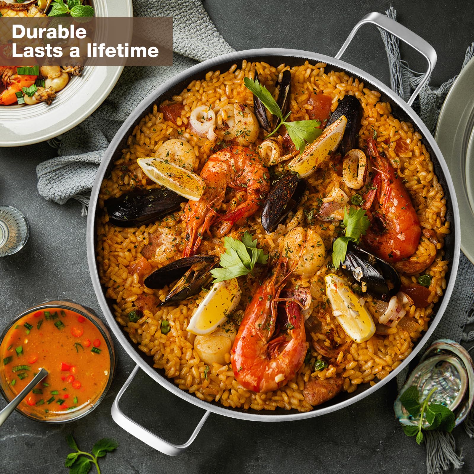 Paella Pfanne 36 cm 12 Pers – Antihaft | 316°C Hitzebest | PFOA-frei | Induktion | Gleichwärmeverteilung | Spülmasch & Alle Herde | Ideal für Feste/Familie