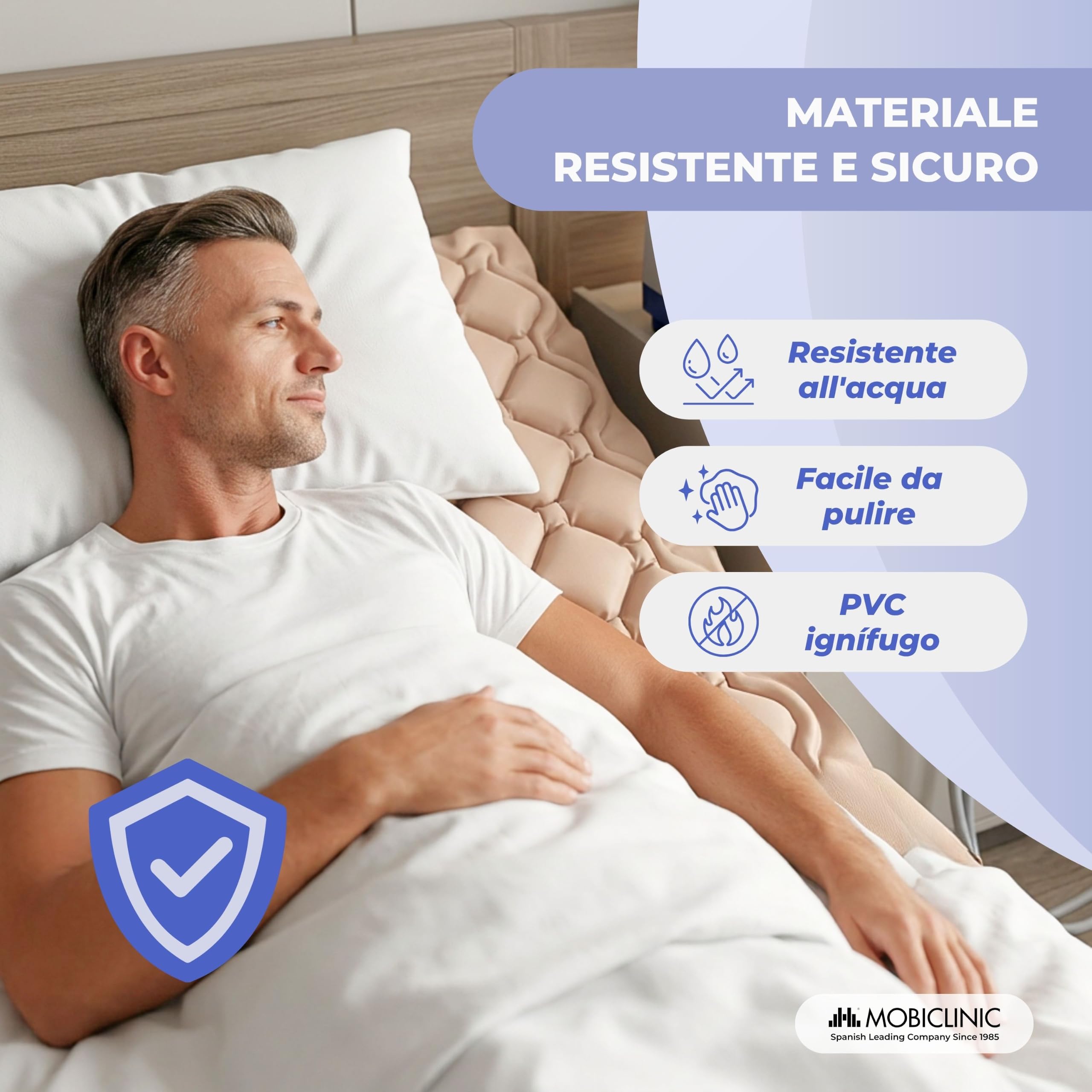 Mobiclinic®, Materasso Antidecubito ad Aria Alternata | Compressore Silenzioso (33-34 dB), 200 x 90 cm, Fino a 135 kg, Grado I, 130 Celle, PVC Medico Ignifugo, Beige, Mobi 1