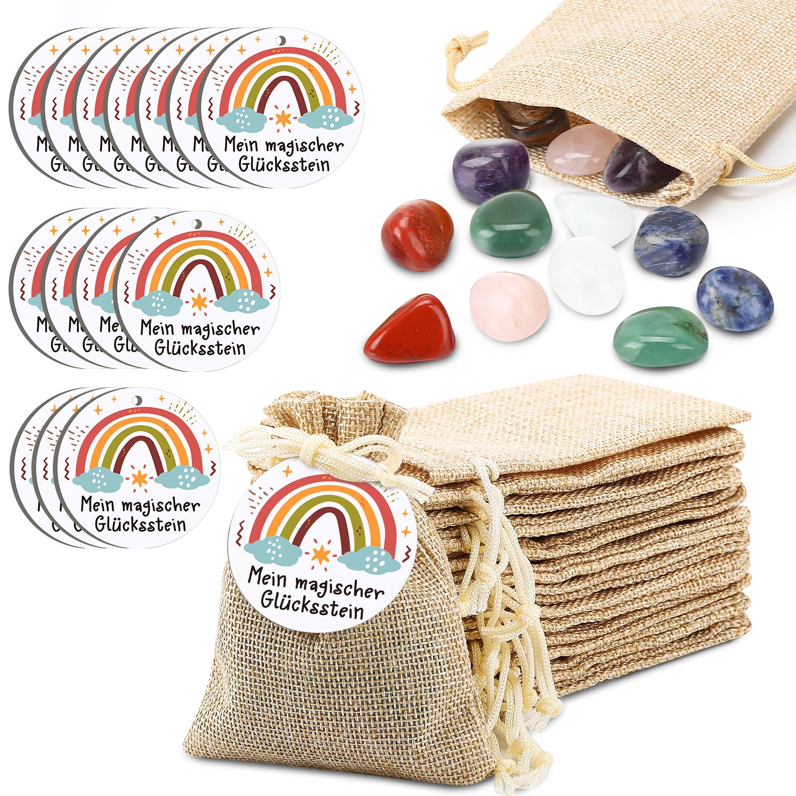 Glückssteine Set – 10 Stück Bunt, Polierte Trommelsteine, Mit Grußkarten & Geschenkbox