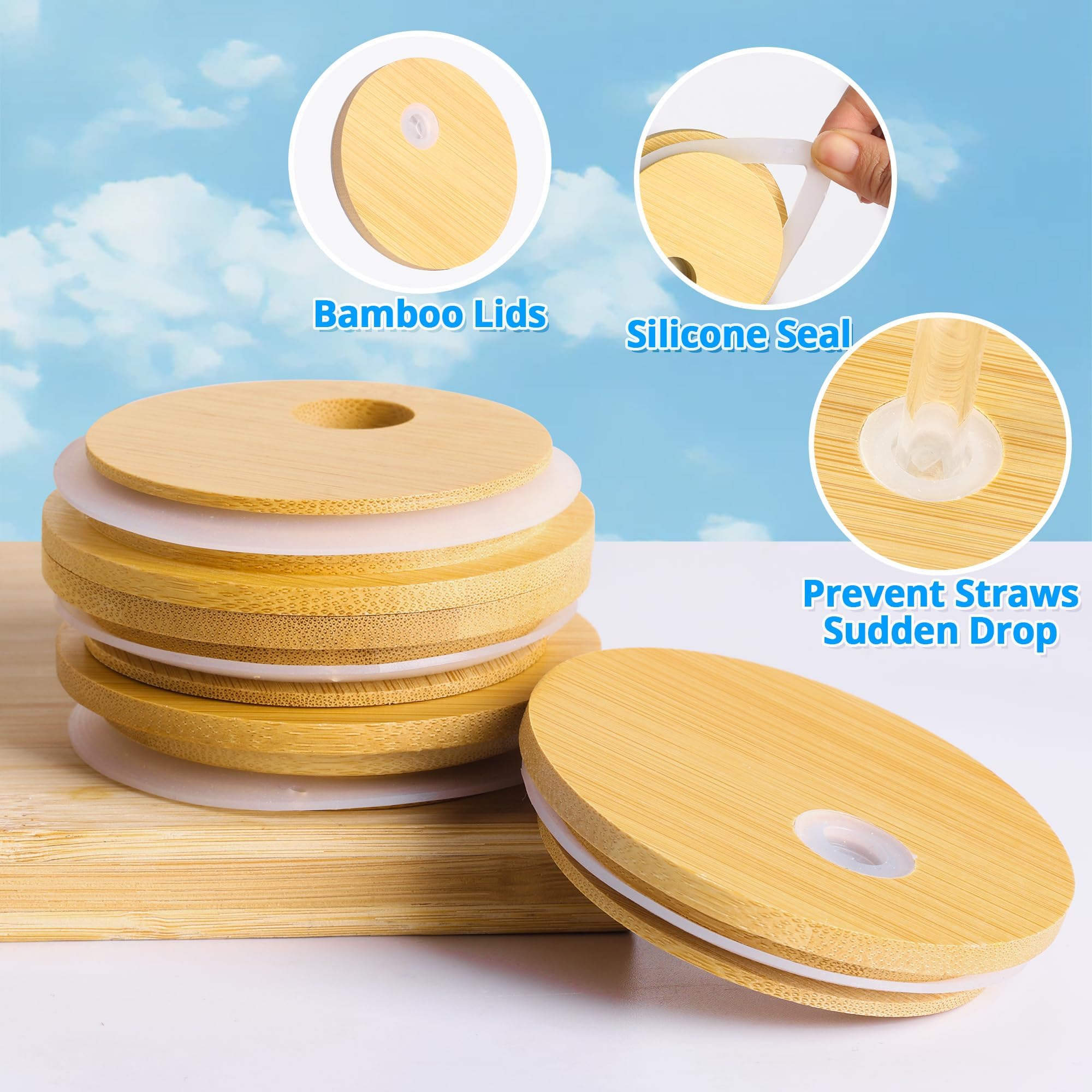 AiMQnLe Glass Cups with Lids and Straws - 16 oz Iced Coffee Cups, Vintage Ribbed Drinking Glasses with Bamboo Lids, Glass Tumbler for Juice, Beer, Coffee, Milk, Cocktail, Water (4 Pack) (4) 4