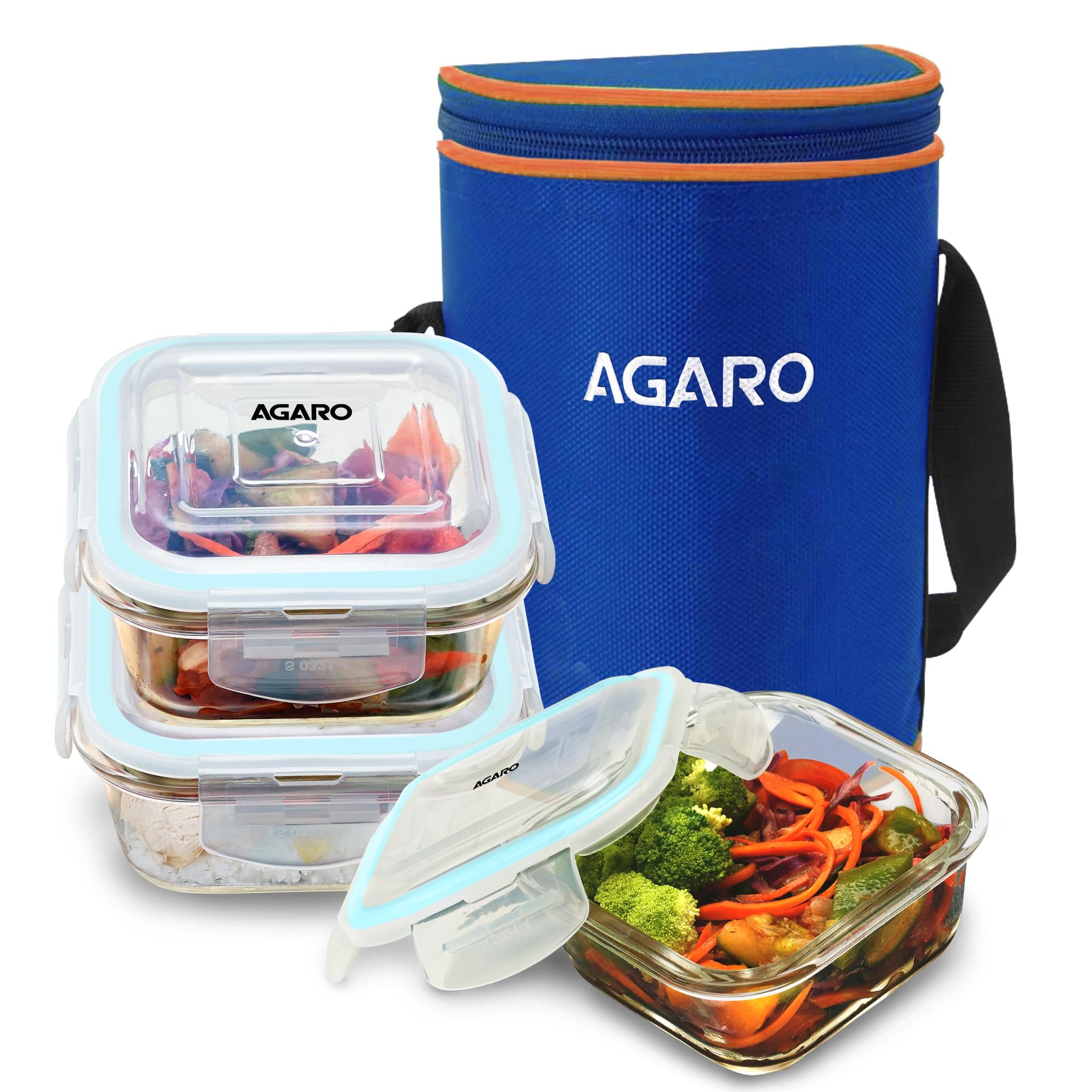 AGARO Elite Borosilicate Glass Lunch Box, 3pcs Set, 320ml Each, Office Tiffin Box with Bag for Men & Women, Square Shaped, Leak Proof & Airtight Locking Lid, Microwave & Freezer Safe, Transparent (B0CG382LQ3) Amazon Price History, Amazon Price Tracker