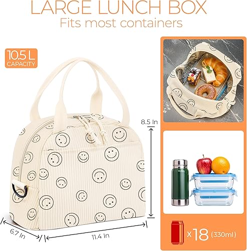 Miniatura 2 de Lonchera para mujer, lonchera sonriente, bonita lonchera aislada de pana con correa para el hombro para mujeres adultas, para el trabajo y picnic