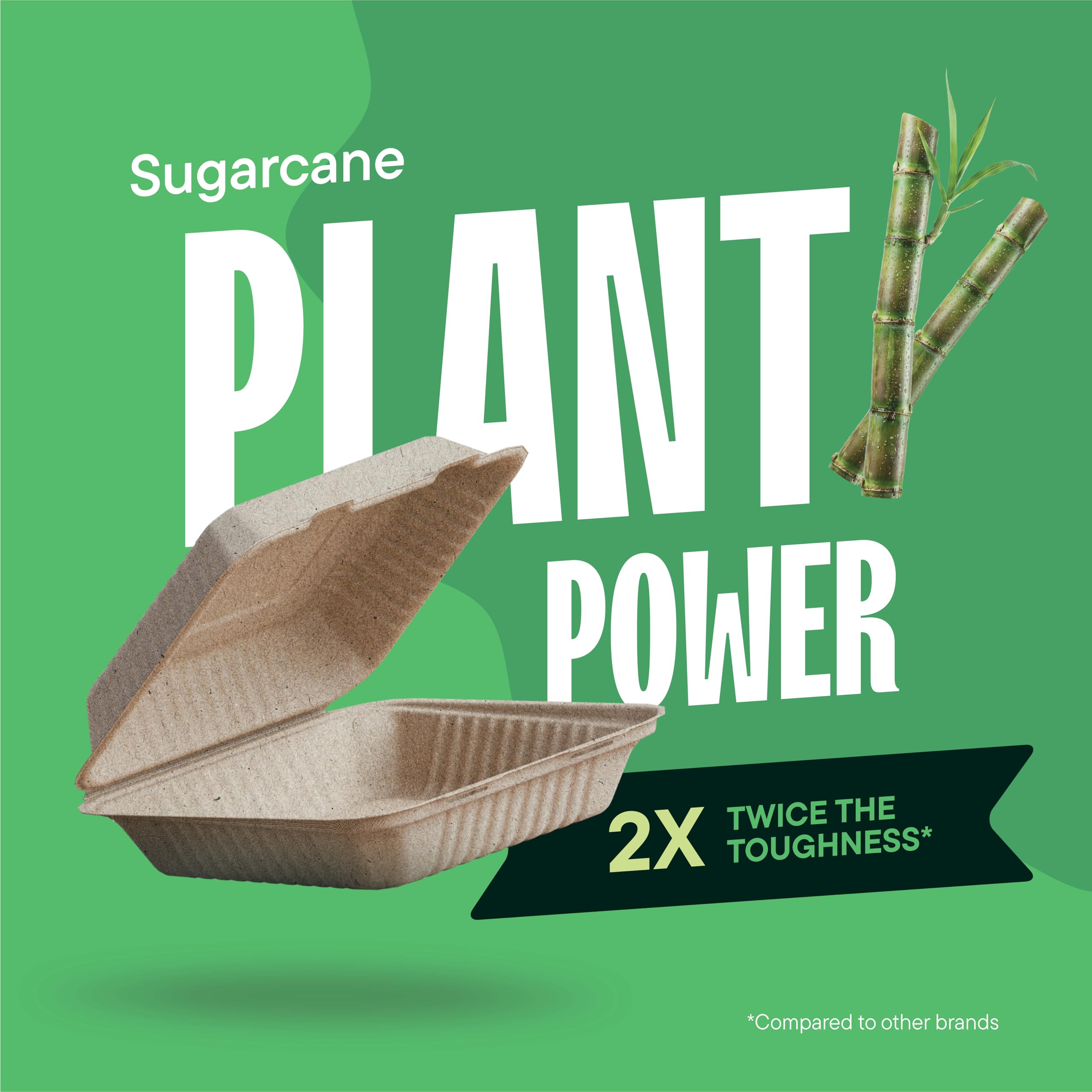 [Caja – Paquete de 200] Contenedores 100% compostables para llevar de 9 x 9 pulgadas, contenedor de alimentos con tapa con bisagras, platos desechables Togo, caja biodegradable ecológica para llevar