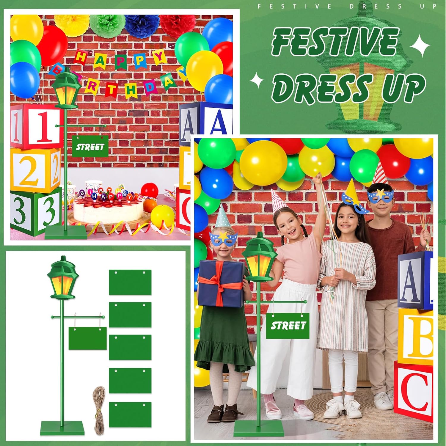 Novabright 3.3 ft Green Street Sign Lamp Post Large Wooden Lamp Post Centerpiece with Sign Card Street Party Supplies for Toy Decor Friend Birthday Party Decoration