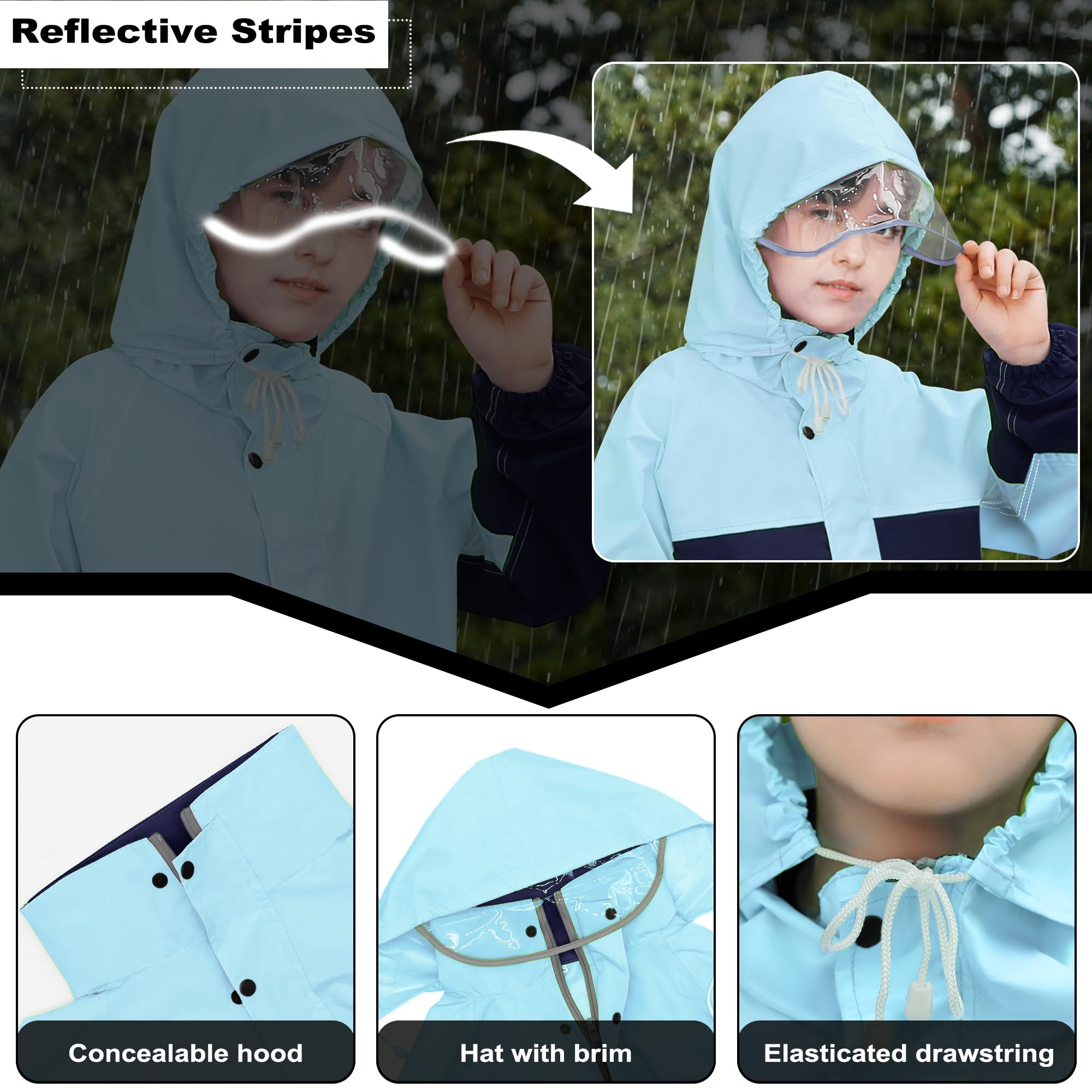 Enfants Imperméable à Capuche, Unisexe Fille Garçon Léger Manteau Veste de Pluie et Pantalon Combinaison avec Bandes Réfléchissante, Vêtements de Pluie pour Sport Randonnée Voyage 8-14 Ans
