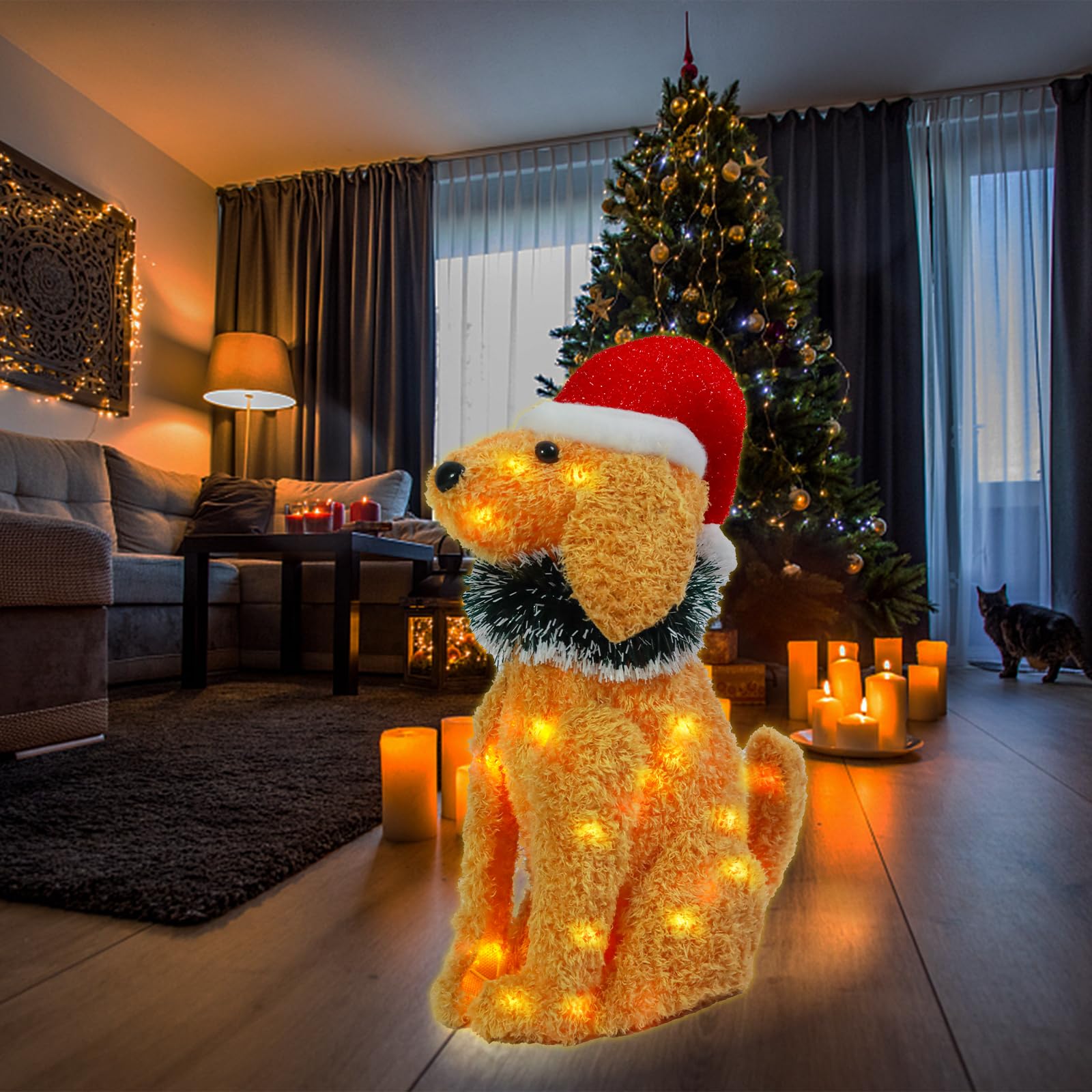 Christmas Outdoor Decoration Lighted Golden Retriever Dog Xmas LED Warm Lights Decor Indoor, Battery Powered Outdoor Holiday Decorations for Home, Yard, Garden
