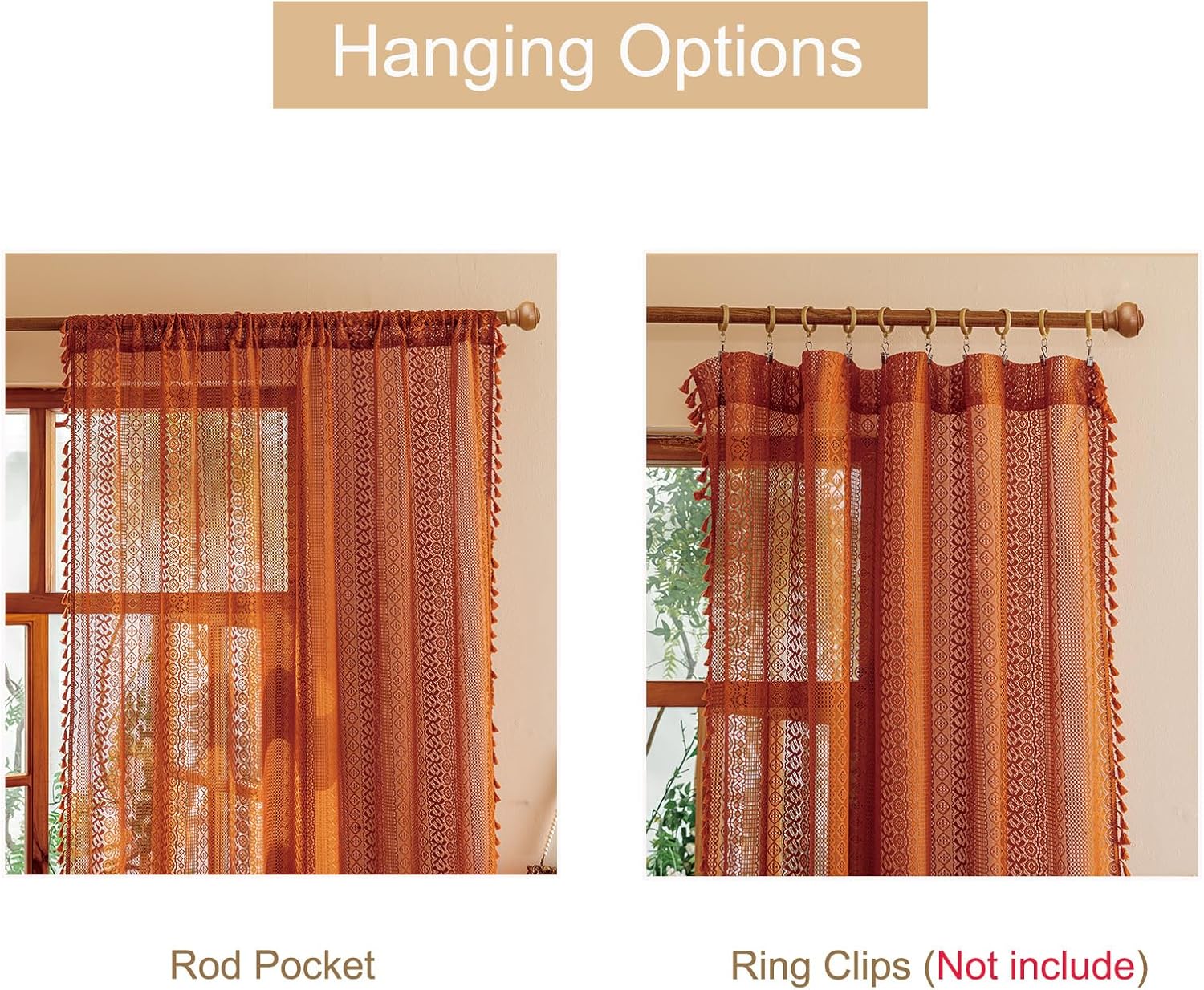 Sutuo Home Terracotta Boho Lace Curtains 2 Panels 84 Inches Long for Living Room&Bedroom, Burnt Orange Crochet Privacy Farmhouse Vintage Tassels Retro Halloween Window Sheer Curtains Rod Pocket,50" W