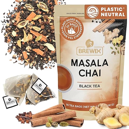 BREWIX, Masala Chai - Bolsas de té (50 bolsas de té piramidales) fuertes, robustas y picantes, ingredientes puros, té negro, canela, jengibre,