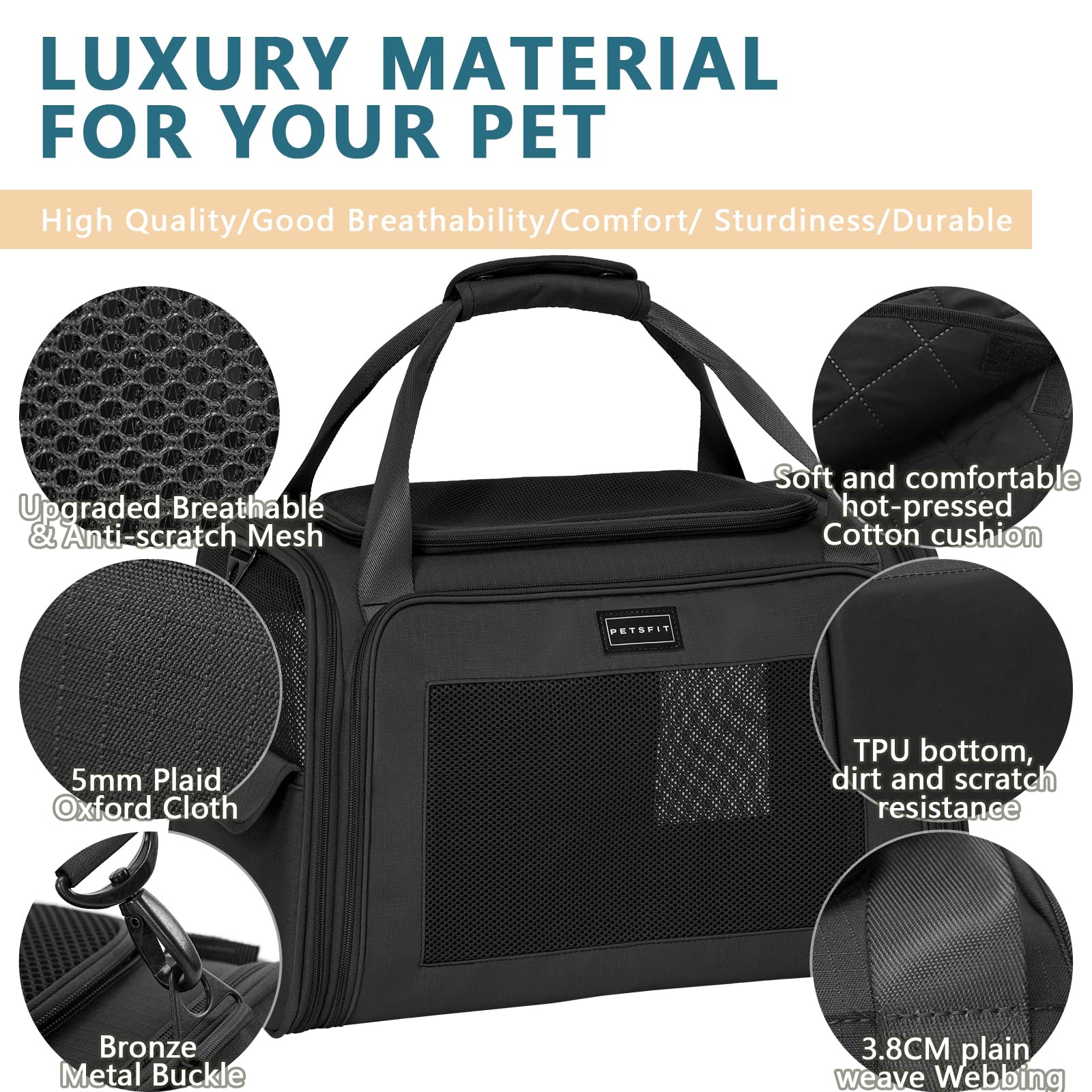 Petsfit Pet Carrier for Cat and Small Dogs Dog Carriers Quadrangle Oxford Fabric and Ventilation Mesh - Image 2