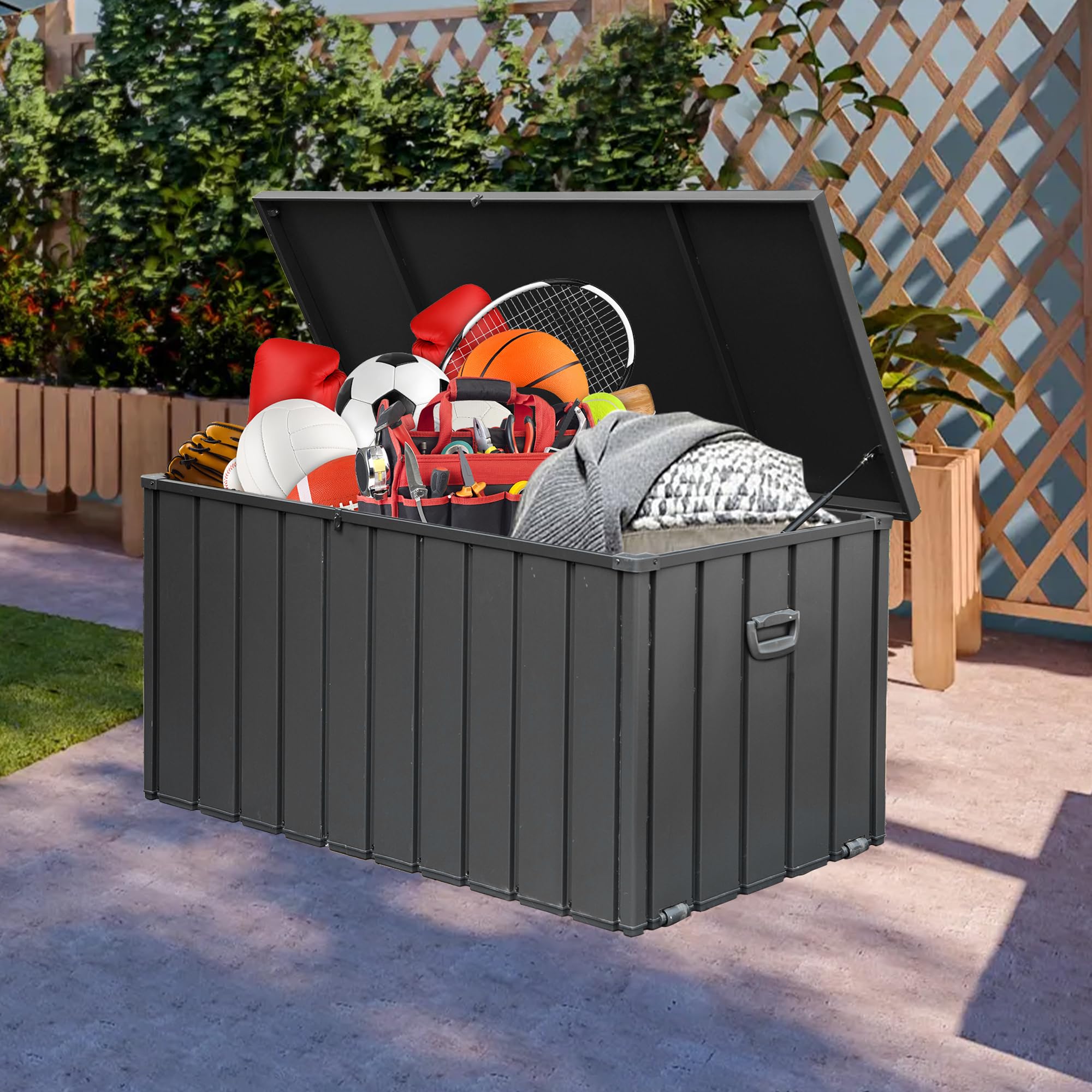 Domi 150 Gallon Deck Box, Outdoor Metal Lockable Storage Cabinet, Waterproof Steel Outdoor Bench with Lockable Lid, Side Handles & Rolling Casters for