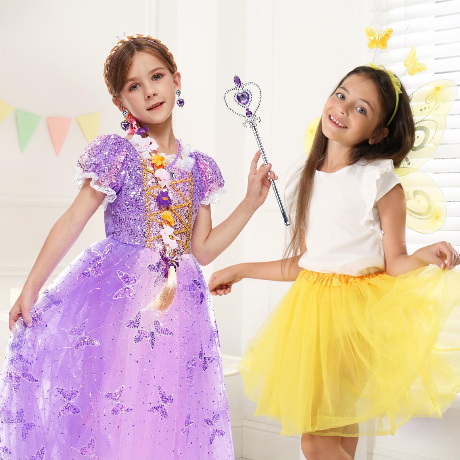 Herenear Disfraz Rapunzel Niña, Vestido Princesa para Niños de 3-12 Años, Niña Disfraz de Princesa con Accesorios Vestido de Princesa Tul Cumpleaños Fiesta Cosplay Navidad Carnaval Vestidos