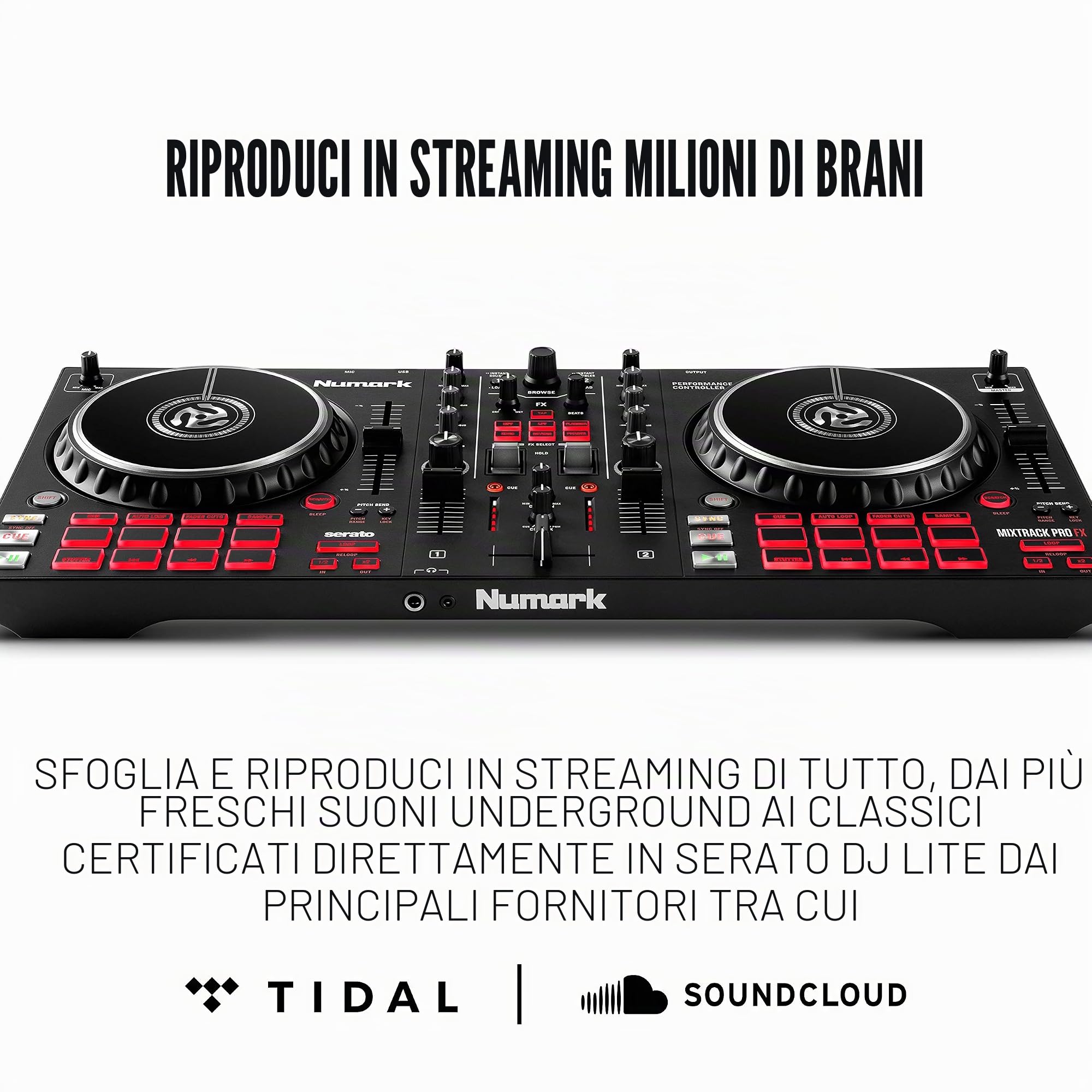 Numark Mixtrack Pro FX + HF125 - Controller DJ a 2 Deck Per Serato DJ con Scheda Audio e 2 Jog Wheel + Cuffie DJ con Filo e Serato DJ Lite