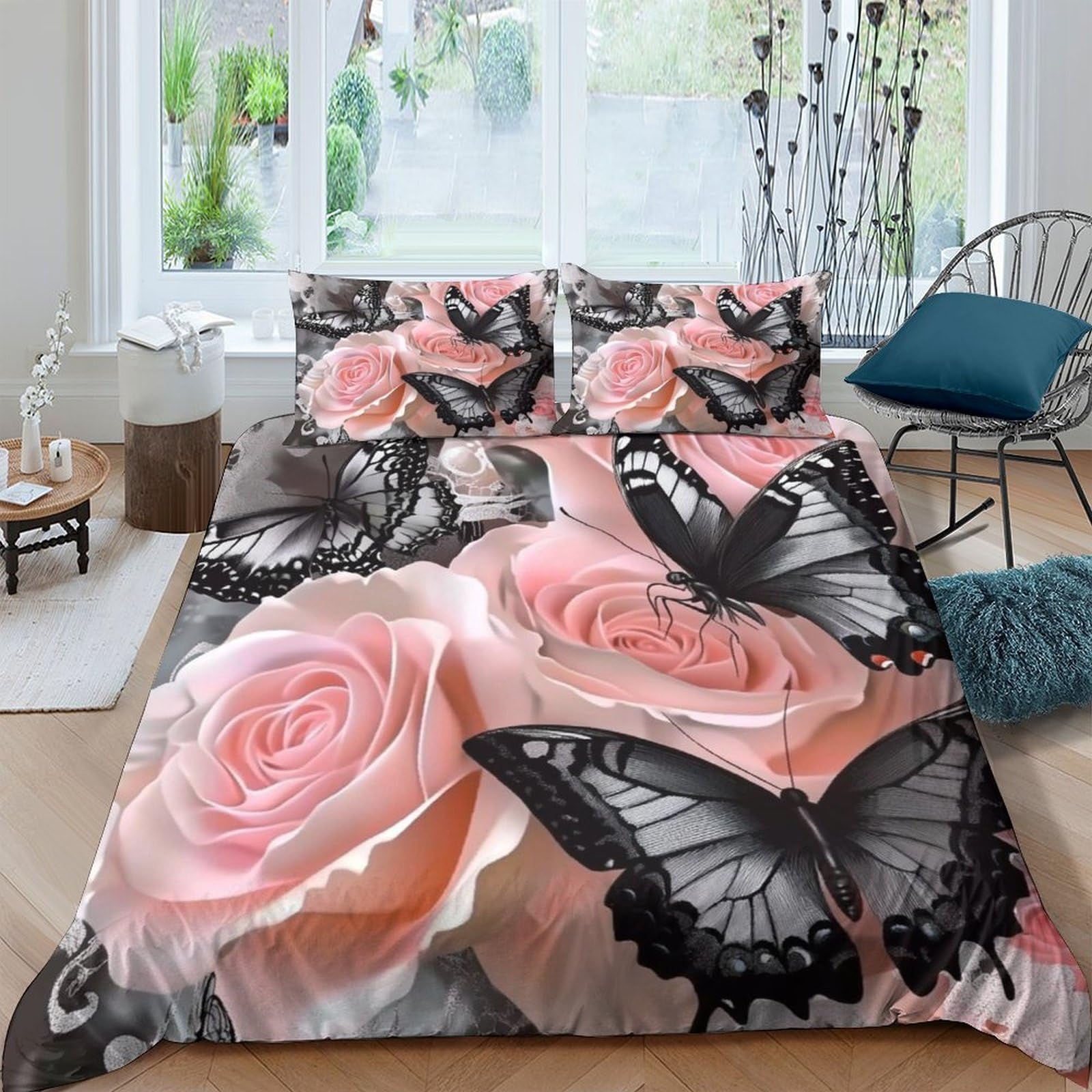 P5V6M1Q9 3D Printed Pink Rose Butterfly Duvet Cover Microfiber Soft Breathable Bedding Set with 2 Pillowcases for Bedroom Decor Single（135x200cm）