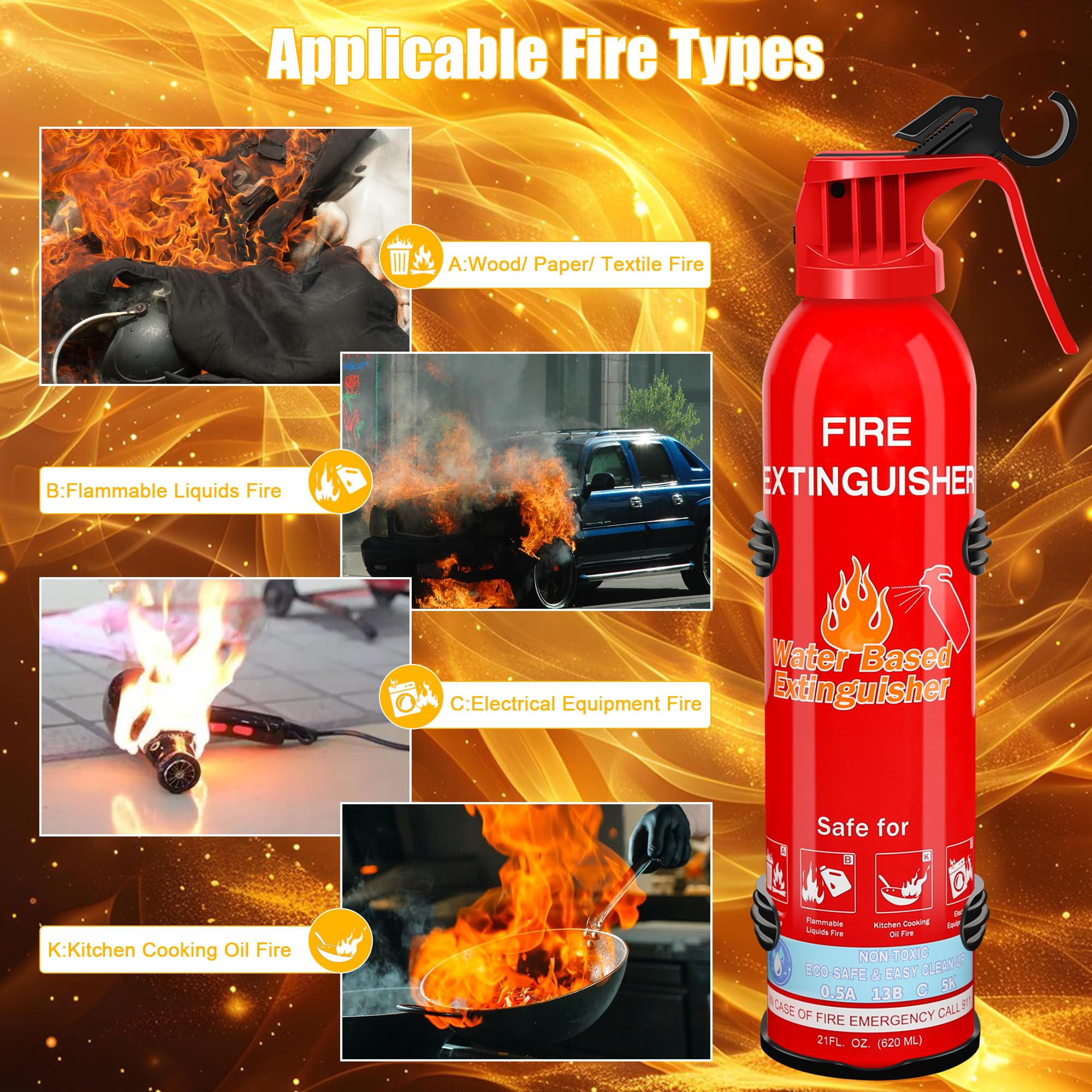 Fire Extinguisher for Home, Car, Kitchen, Vehicle, Boat, Garage, Portable A, B, C, K Class Fire Extinguishers with Mount, Emergency Survival Extinguisher, Easy Access, Versatile Fire Protection