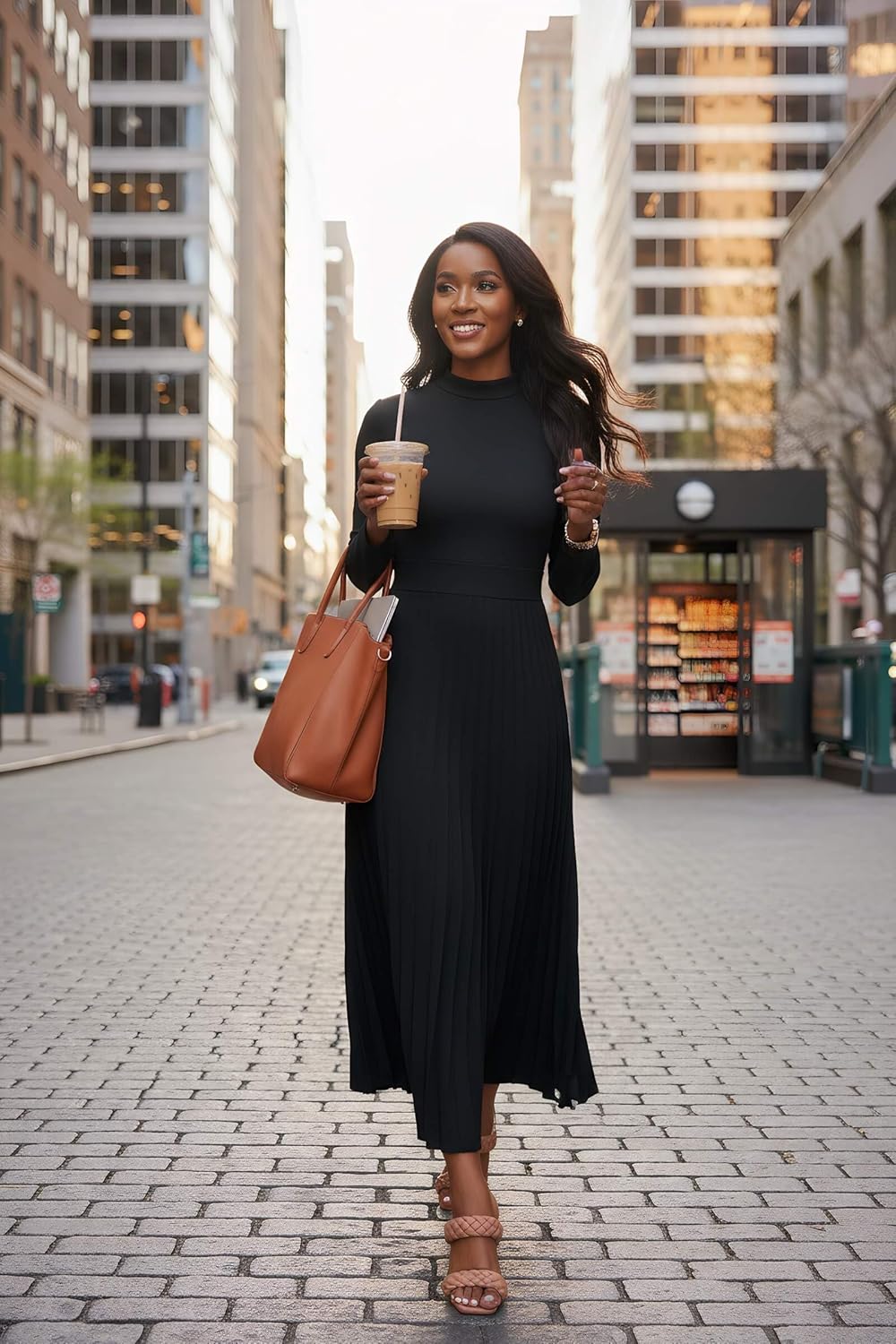 Nmoder Maxi Long Dress for Women, Casual Pleated Empire Waist Dresses Crewneck Long Sleeve - Image 3