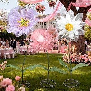 Leinuosen 3 Pcs Giant Flowers for Decoration 5.6 ft Large Organza Flowers with Stand