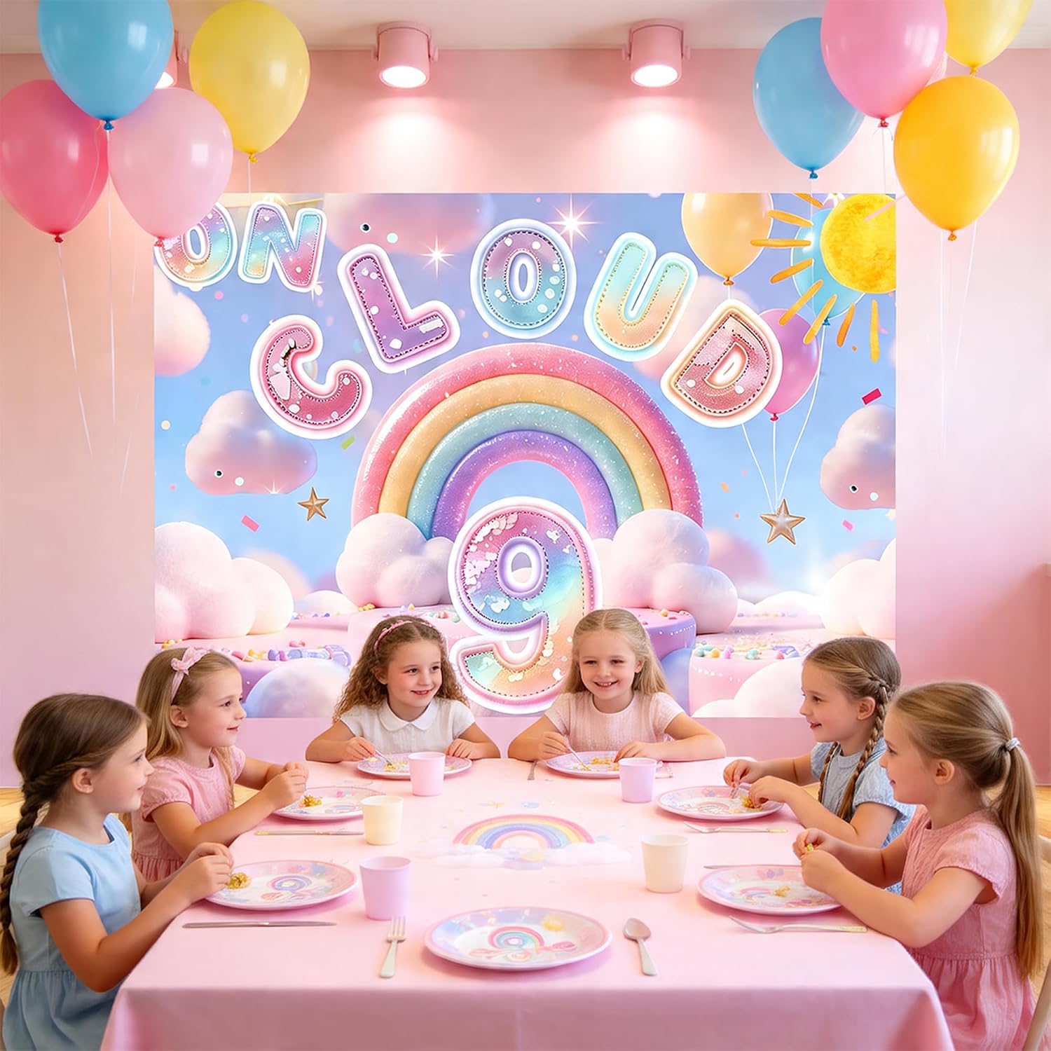 On Cloud 9 Birthday Decorations for Girls Backdrop, Cloud 9 Theme Party Supplies for Girls, 9th Birthday Decorations for Girls, 9 Year Old Girl Birthday Party Supplies Banner