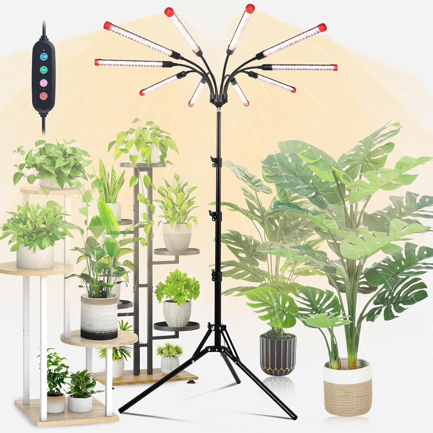 10Head Grow Light on Stand for Large&Tall Indoor Plants, Bonsai Tree, Bright and Big Coverage Plant Growing Lamps, 4/8/12/16/20H Timer, 90 Watt Power Draw, NO Need Adapter, 360° Gooseneck