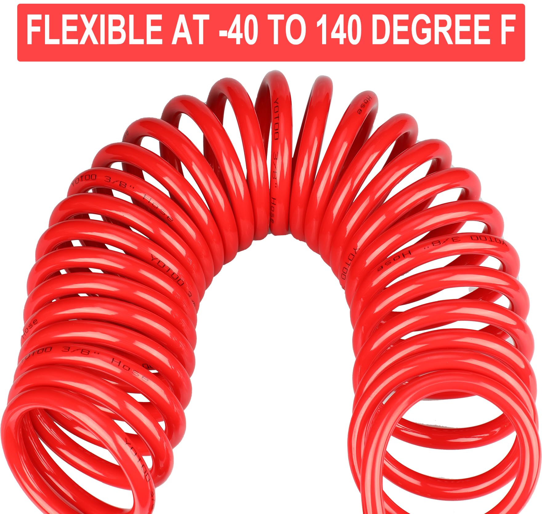YOTOO Tubo dell'aria in poliuretano, diametro interno 3/8", lunghezza 150 m, con limitatore di piegatura, accoppiatore rapido industriale riparabile da 1/4", rosso