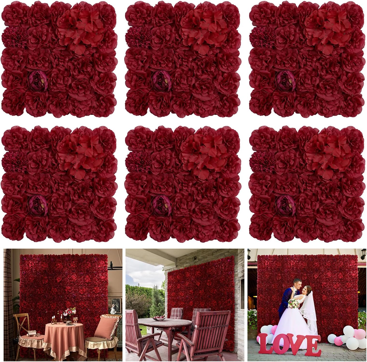 Flower Wall Backdrop 6 pcs 16.5x16.5 Inch Artificial Floral Wall Panel Silk Rose Wall Decor Ideal for Wedding Celebrations, Festive Party Backdrops, and Home Decor-Maroon