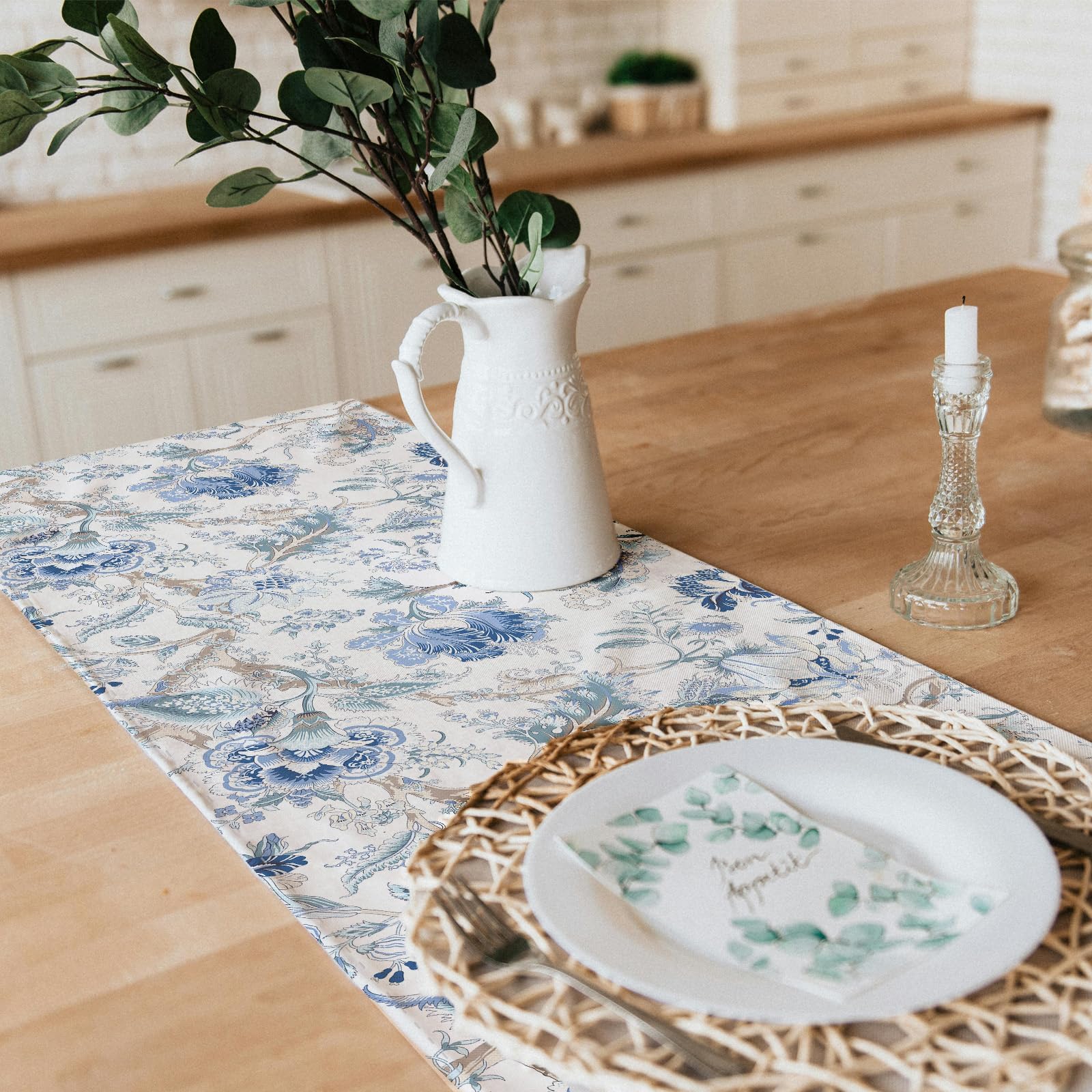 Snylcce Chinoiserie Blue & White Bird Floral Table Runner - Image 4