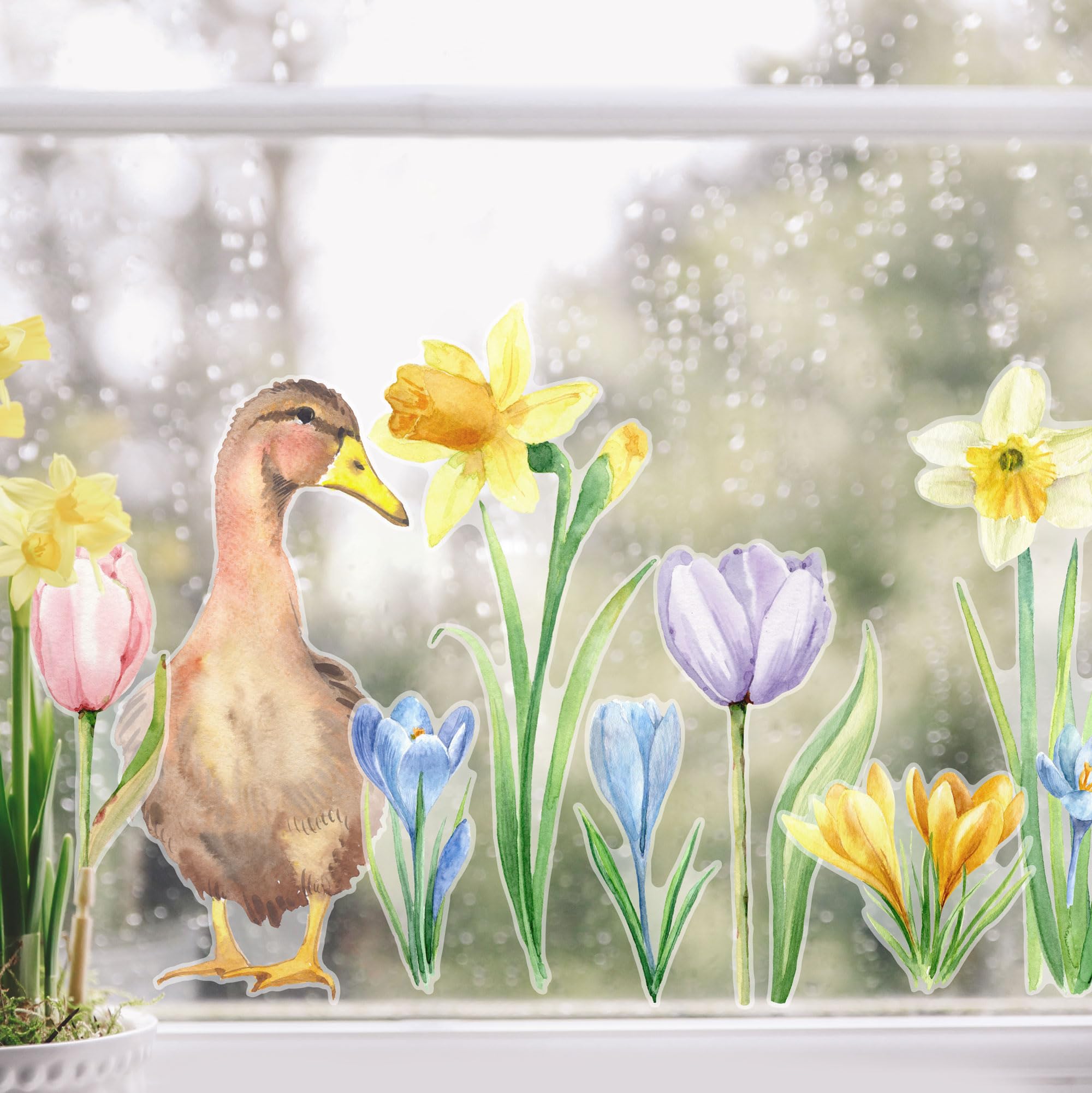 Stickerscape Multi Daffodils And Duck Window Sticker Pack – Removable, Self-Adhesive Stickers For Kids' Rooms, Playrooms, And Windows – Spring Floral And Animal Theme For Nursery Décor