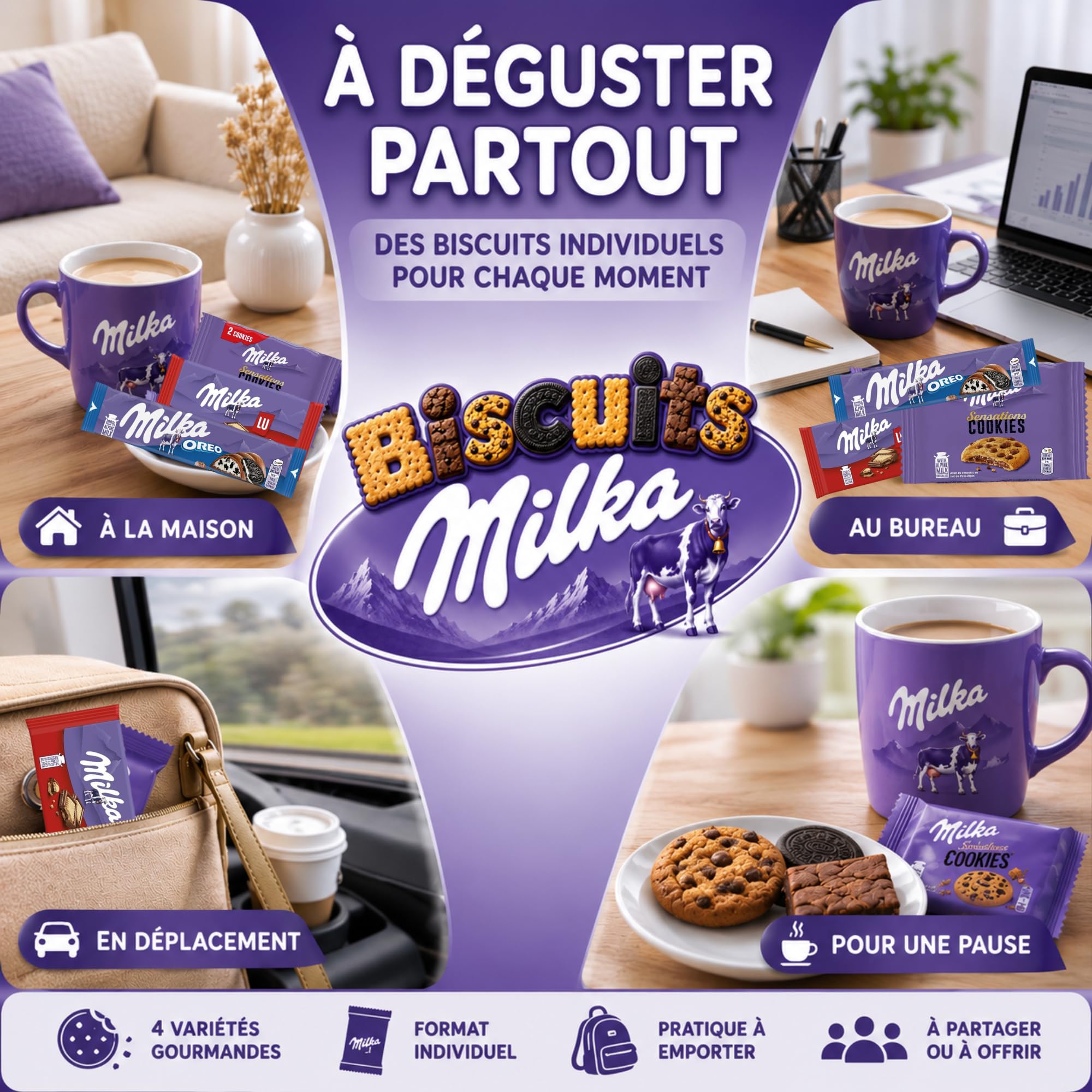 MILKA, OREO - 20 Barres Chocolat, Biscuits Individuels : Cookies, Brownie
